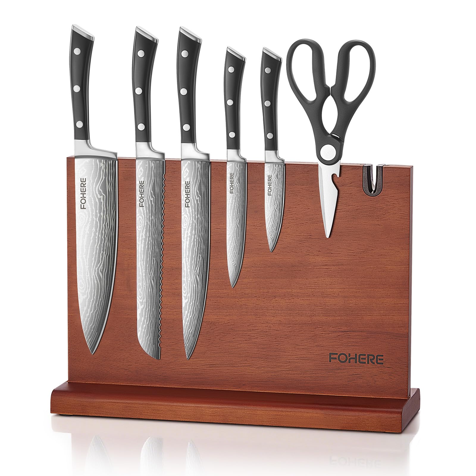FOHERE Kitchen Knife Set with Magnetic Knife Holder and Sharpener, 7 Pieces Ultra Sharp Chef Knife Set with Ergonomic Handle, Waved Pattern High