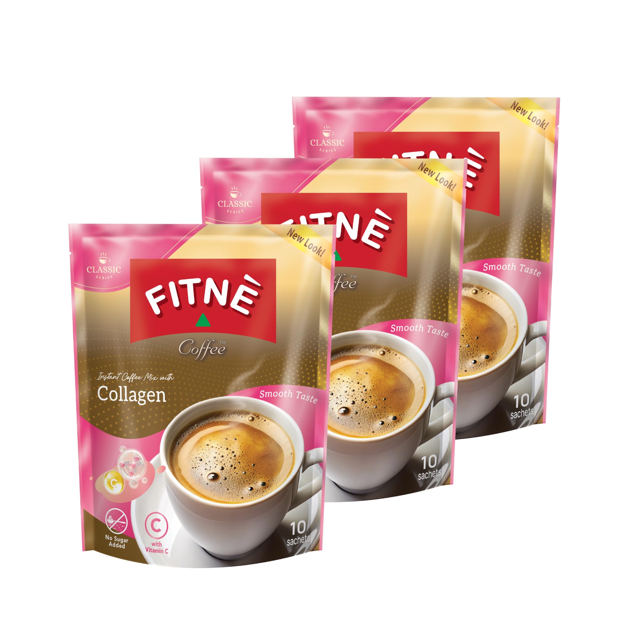 FITNE Instant 3 In 1 Coffee Packets Mix With Natural Hydrolyzed Collagen Vitamin C Smooth Blend Tasty Aromatic No Sugar Sucralose Sweetener, 30 Sticks