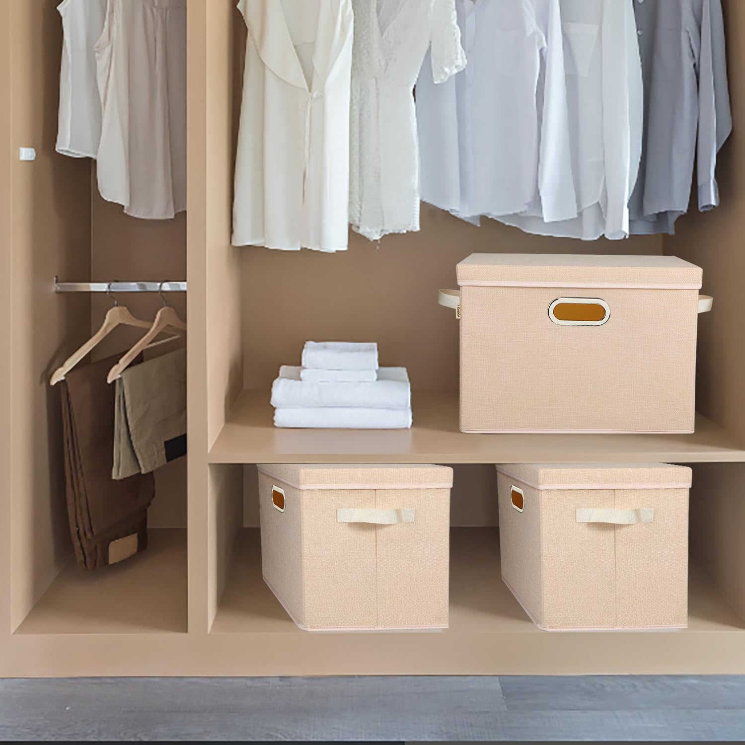 Voova Large Collapsible Storage Bins with Lids,3 Pack Stackable Linen Fabric Cube Storage Organizer,Foldable Closet Storage Boxes Baskets Containers