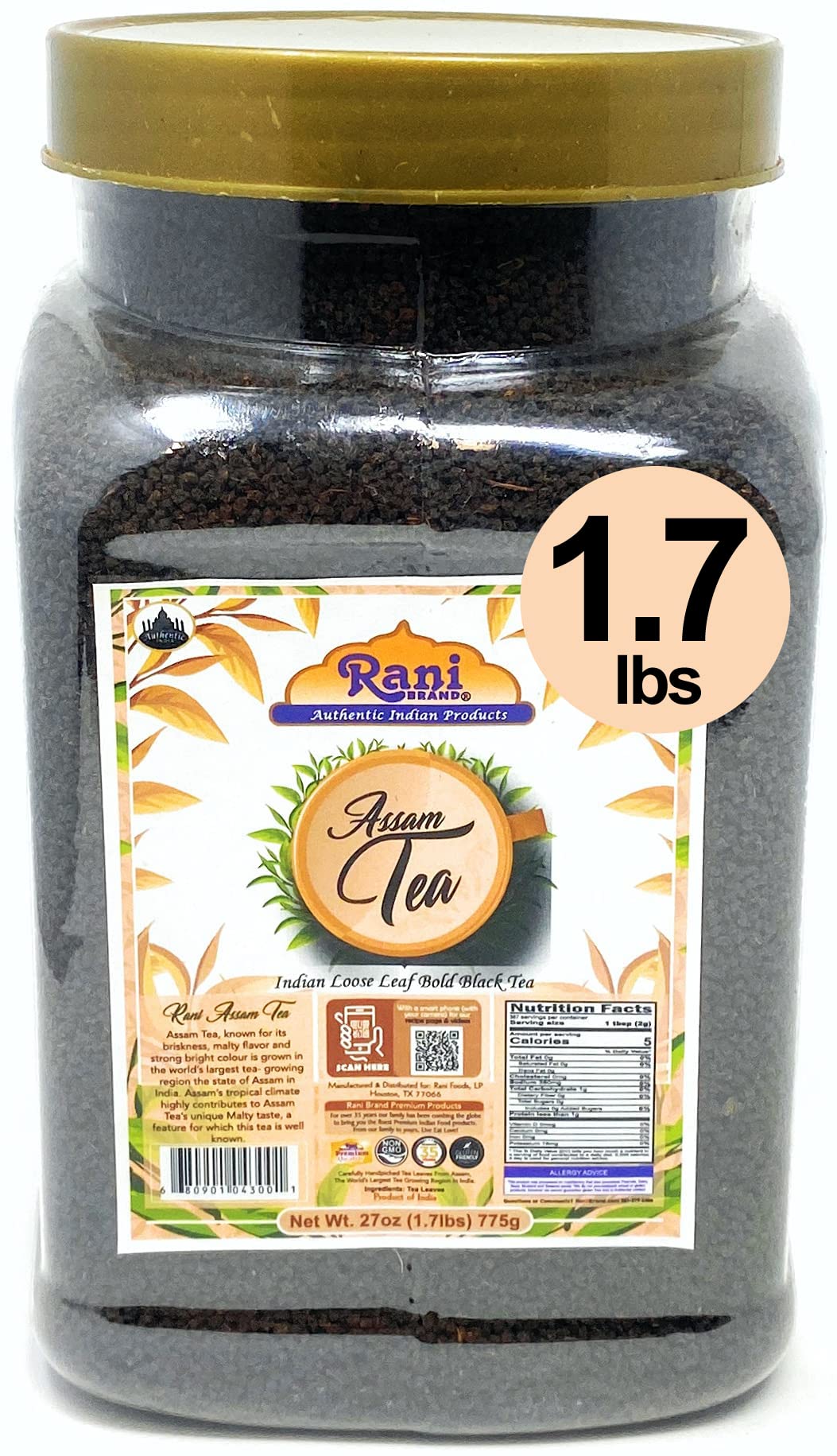 Rani Assam Tea (Indian Loose Leaf Bold Black Tea) 27oz (1.7lbs) 775g PET Jar ~ All Natural | Vegan | Gluten Friendly | Salt & Sugar Free | Non-GMO |