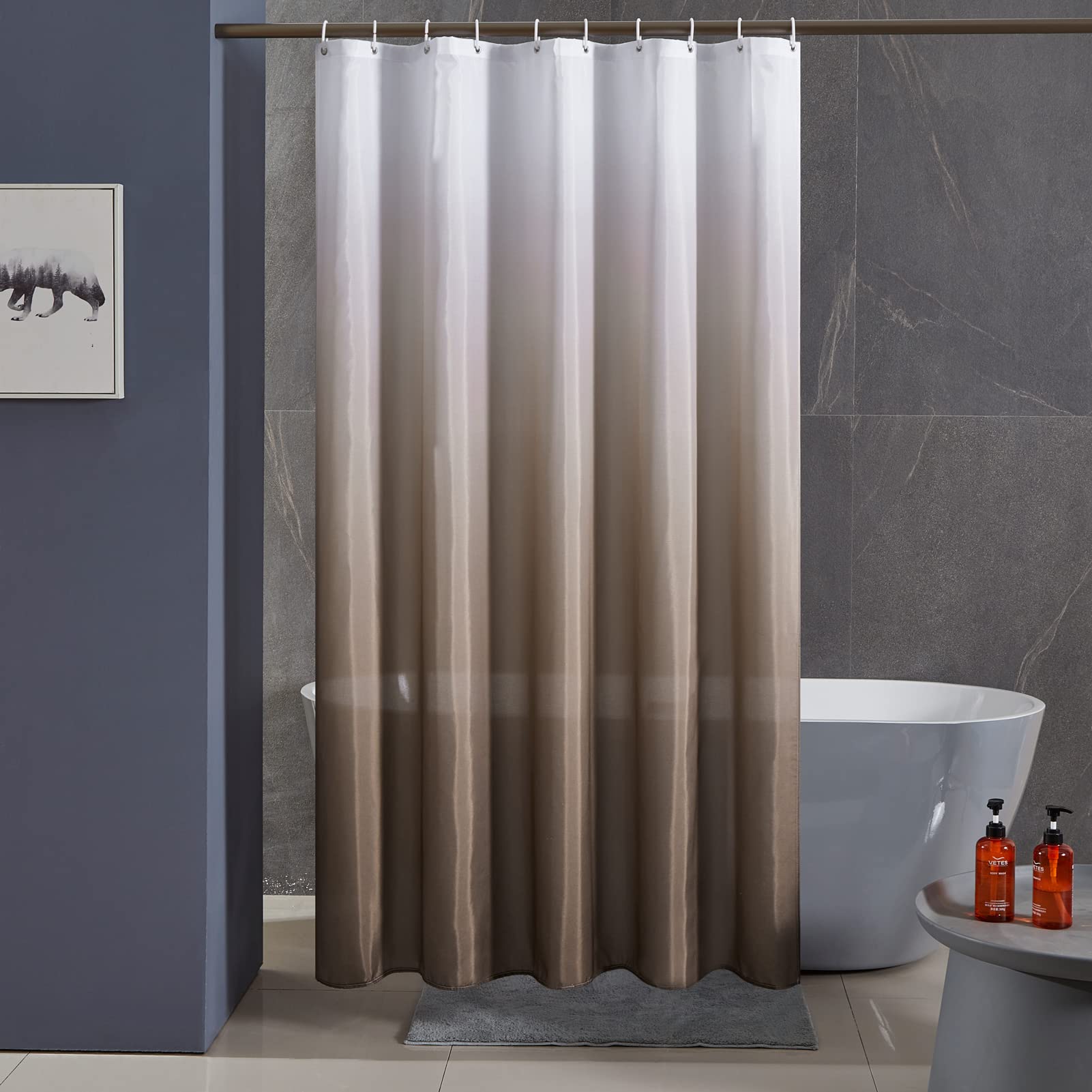 Furlinic Shower Curtain for Bathroom Mould Proof Polyester Fabric Wetroom Bath Curtains Waterproof Washable with 10 Hooks White to Brown 60x72