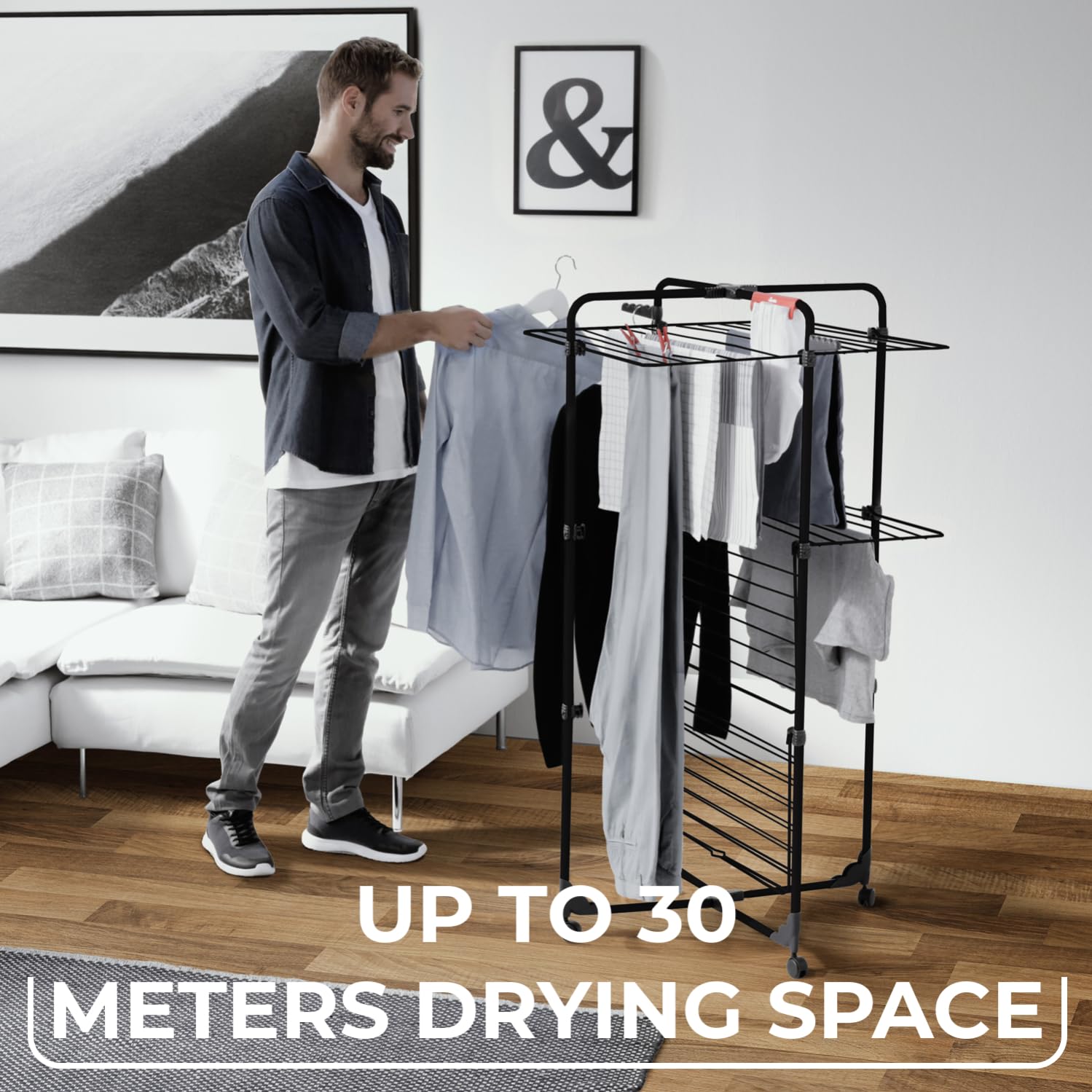 Vileda Mixer 3 Ultimate Clothes Airer (Black Edition) 30m of drying space Flexible Easy to move and transport Pivoting wheels Extra hanging space for