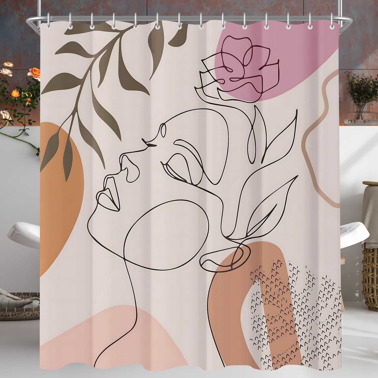 Lerores Shower Curtain, 240 x 200 cm, Impressions of Women, Weighted Hem, Anti-Mould, Water-Repellent, Washable Polyester Bath Curtains with 16