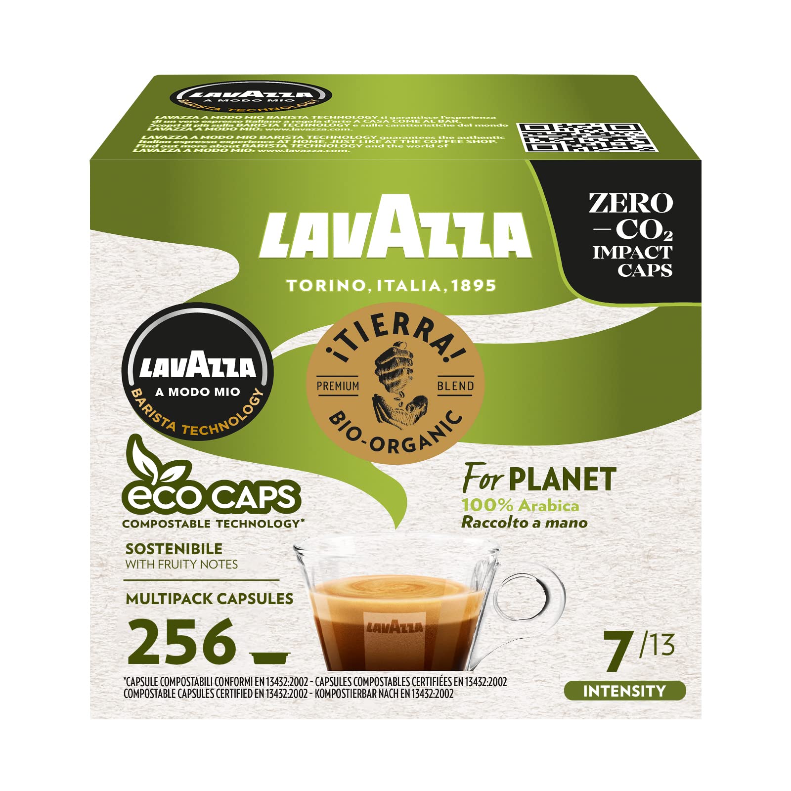 Lavazza, A Modo Mio Tierra for Planet, 256 Coffee Capsules, for an Espresso with Fruity Notes, 100% Arabica, Intensity 7/13, Medium Roast, 16 Packs x