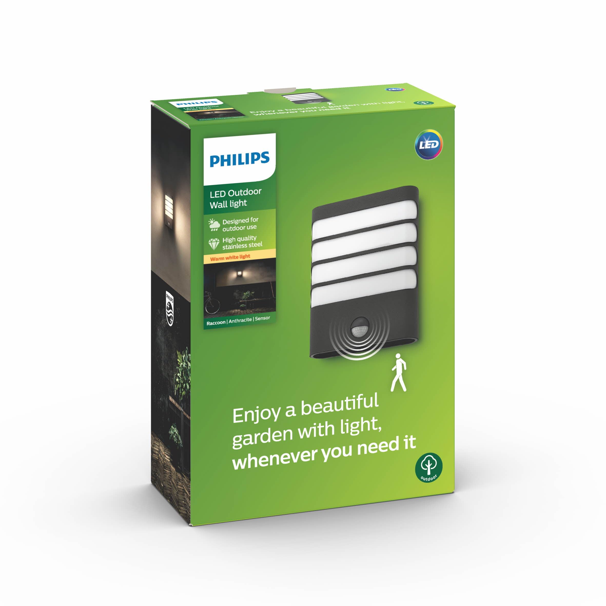 Philips myGarden Raccoon LED Wall Light with Motion Sensor [Anthracite] 3.5 W Integrated LED For Garden and Patio Lighting