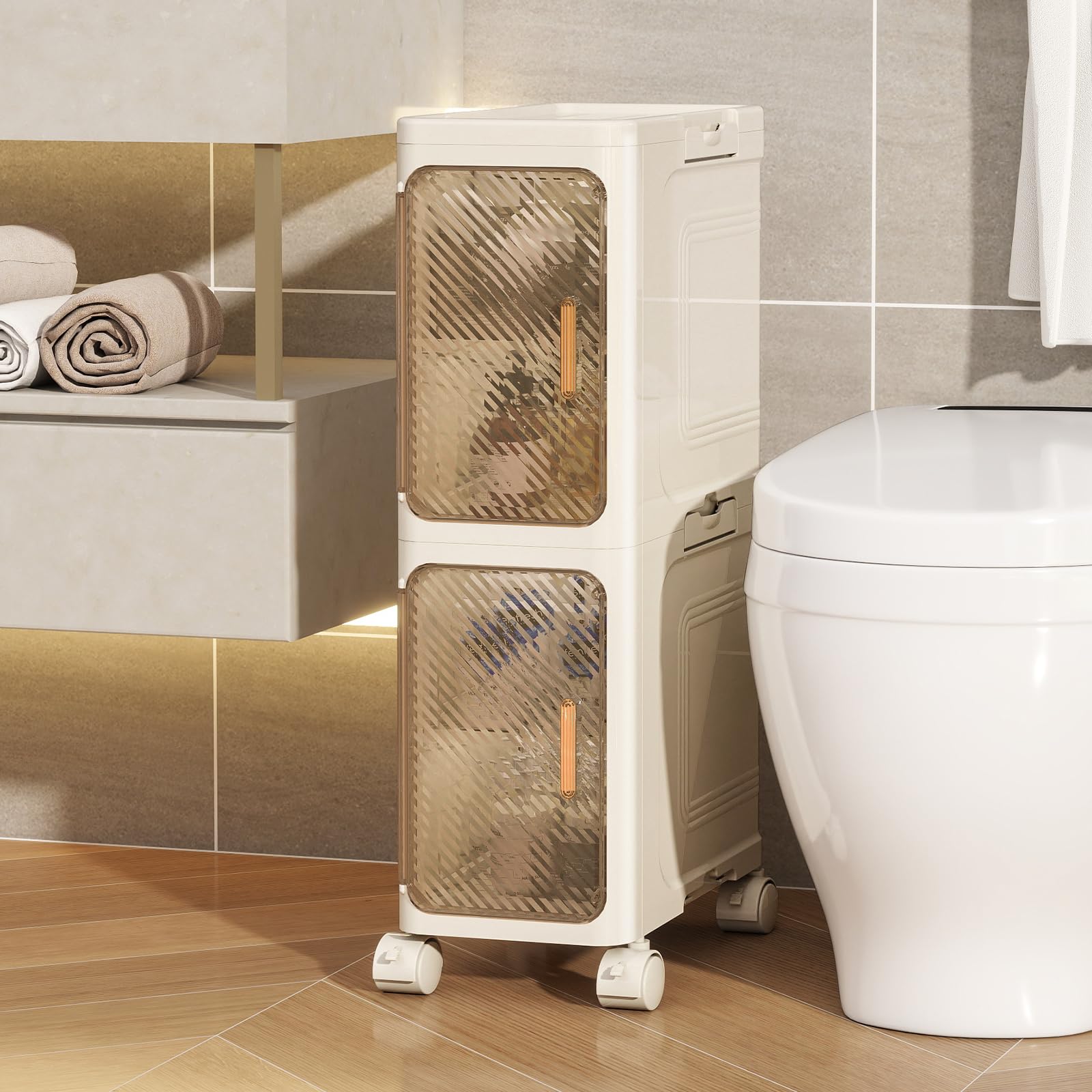 Tronkle Slim Bathroom Cabinet,2 Tiers Bathroom Storage Cabinet,Foldable Storage Cabinets,Narrow Bath Storage,Movable Toilet Storage Organizer for