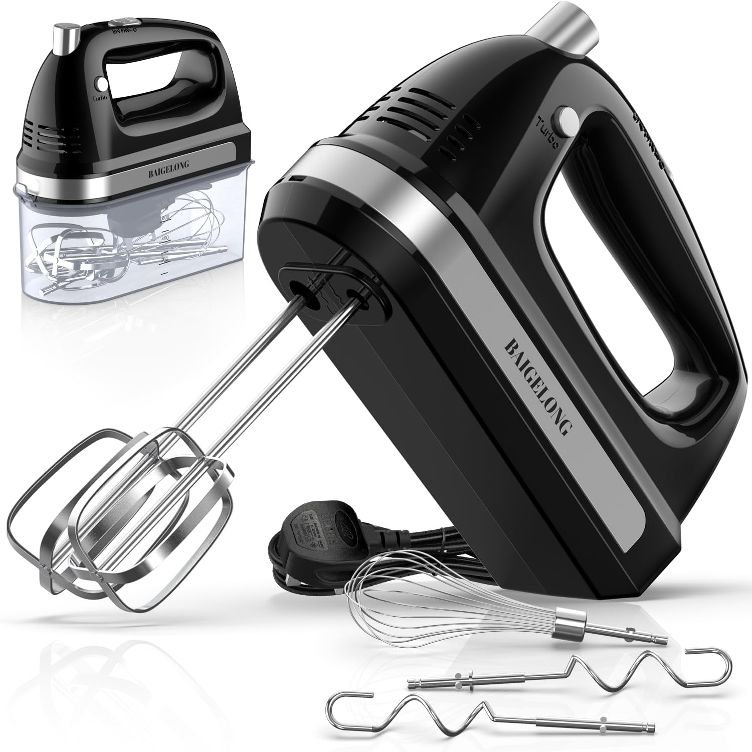 BAIGELONG Hand Electric Mixer, 300W Ultra Power Food Kitchen Mixer with 5 Self-Control Speeds + Turbo Boost, 5 Stainless Steel Attachments Handheld