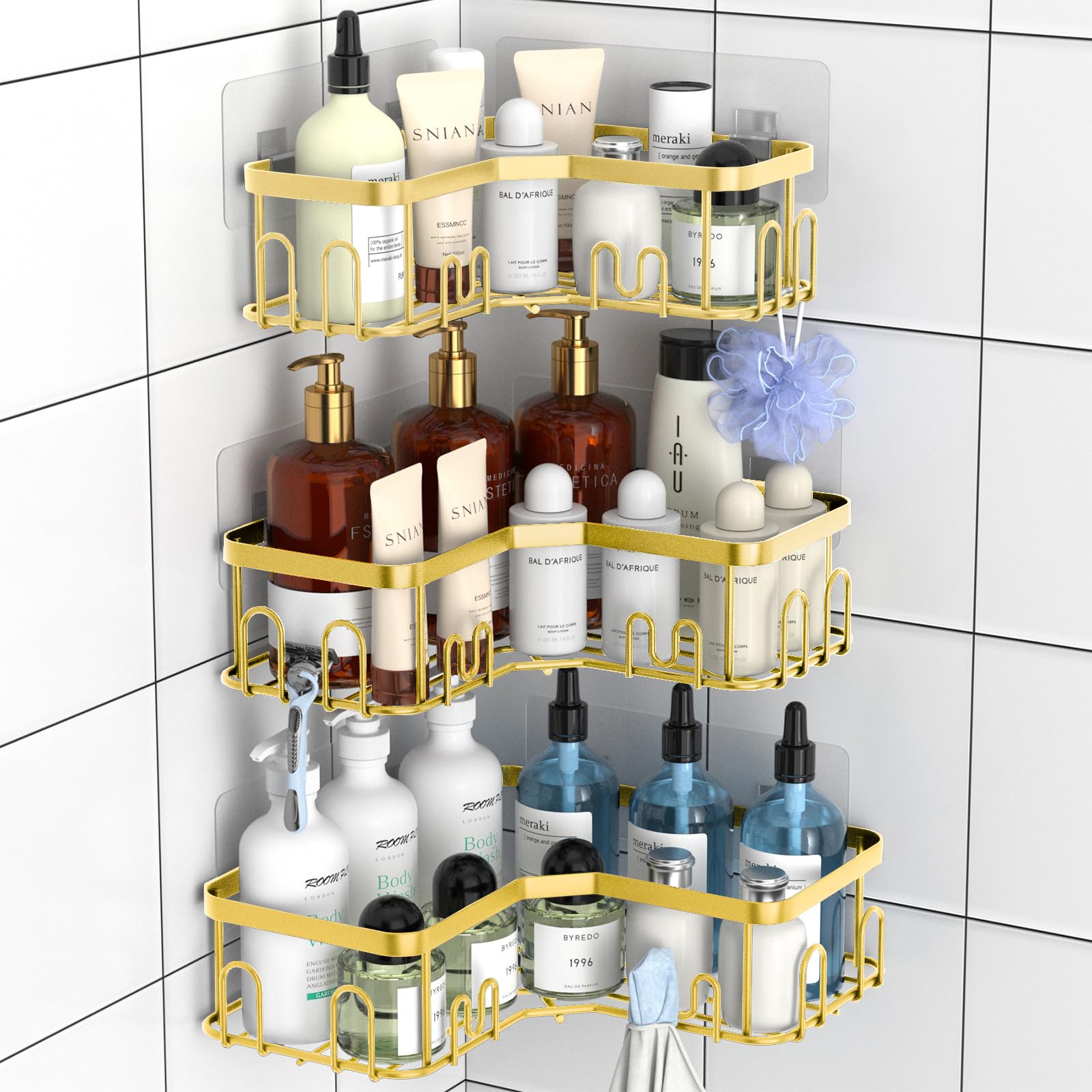 Menbyci 3 Pack Corner Shower Caddy, Adhesive Bathroom Shelves with 18 Hooks, Drill-Free & Quick-Dry Shower Organizer with Large Capacity, Rustproof