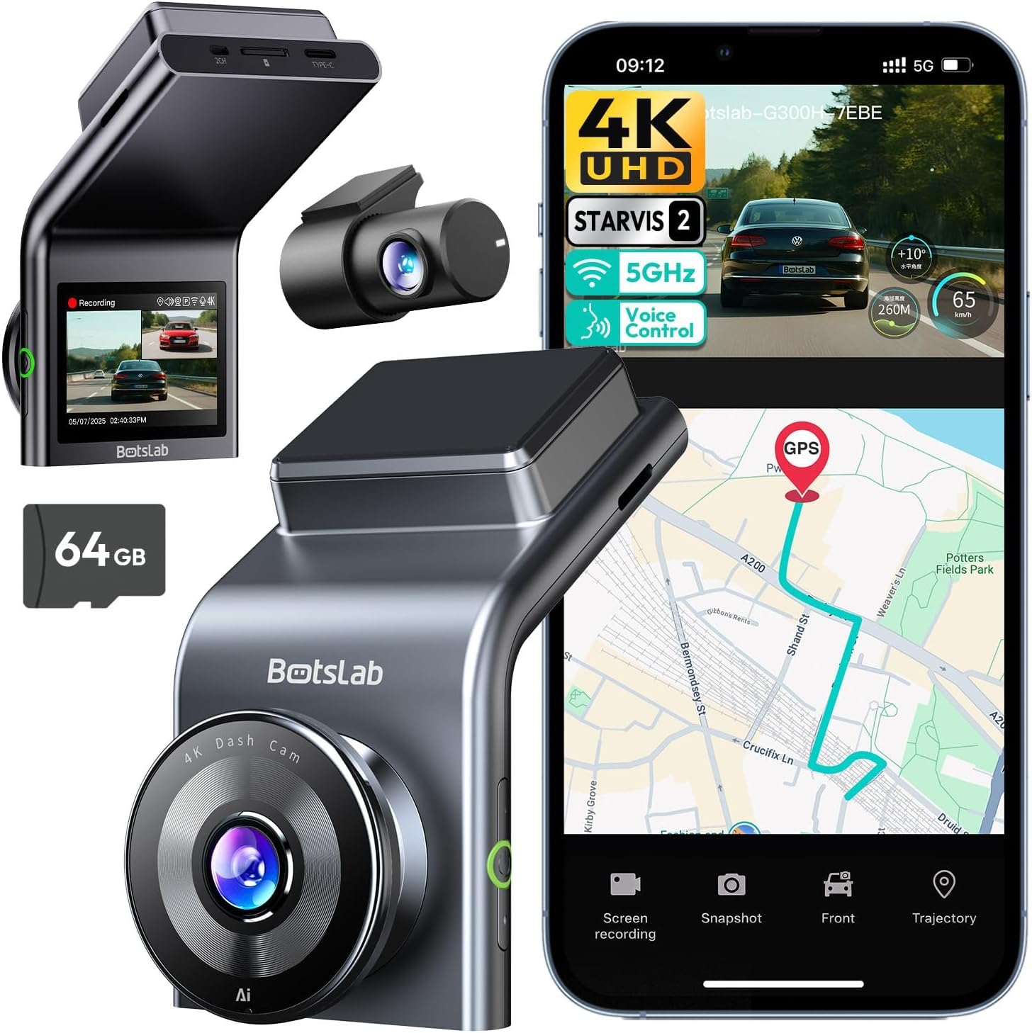 BOTSLAB 4K Dual Dash Cam Front and Rear, STARVIS 2 Sensor, Built in GPS, Voice Control, 24/7 Parking Mode, 5GHz WiFi Dash Camera for Cars, WDR Night