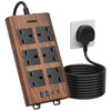 TOPREK Wood Grain 6 Way Extension Lead with USB Slots, Surge Protection, 2USB-A & 2USB-C & 1 Switch, 13A/3250W, Brown Extension Cable 2M for Home