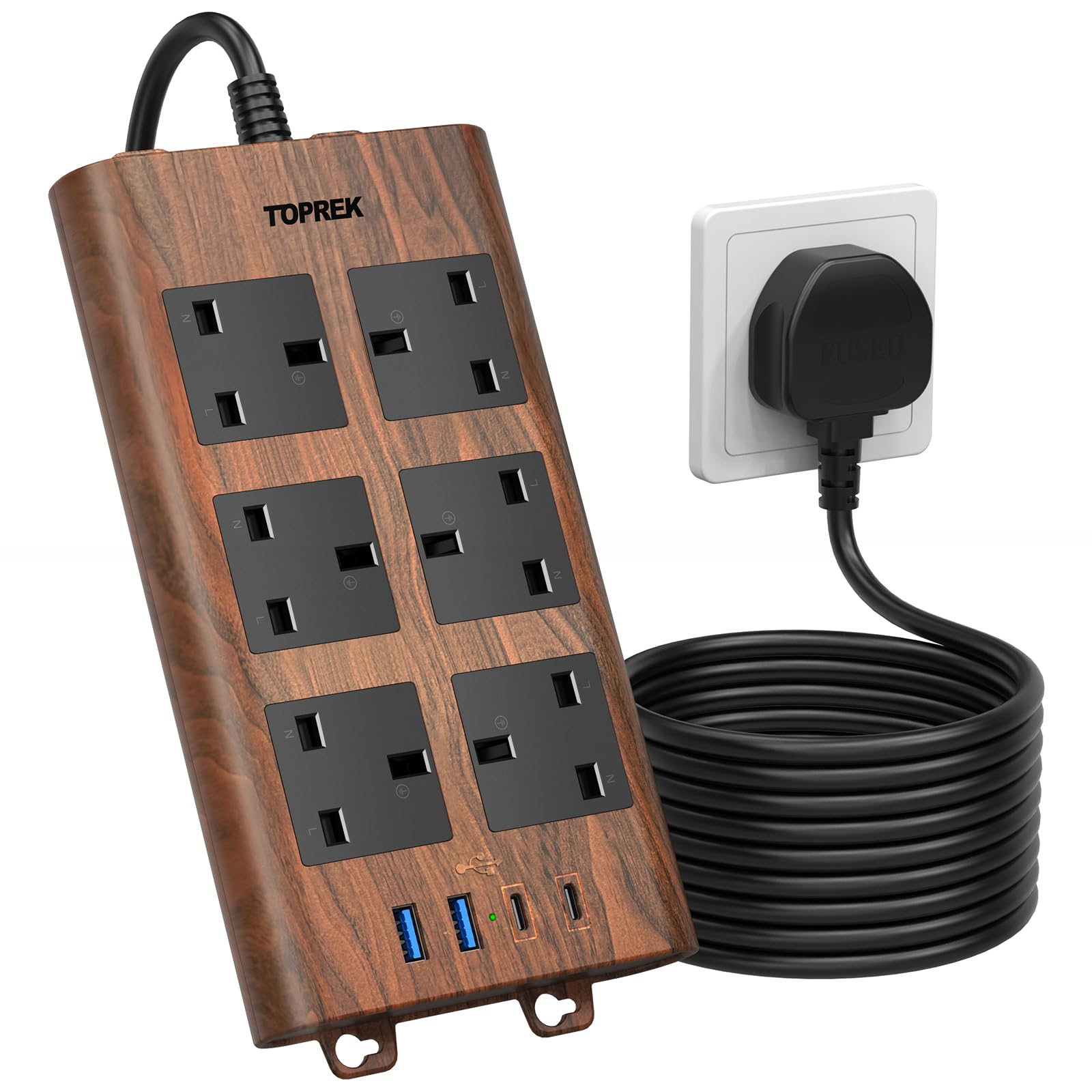 TOPREK Wood Grain 6 Way Extension Lead with USB Slots, Surge Protection, 2USB-A & 2USB-C & 1 Switch, 13A/3250W, Brown Extension Cable 2M for Home