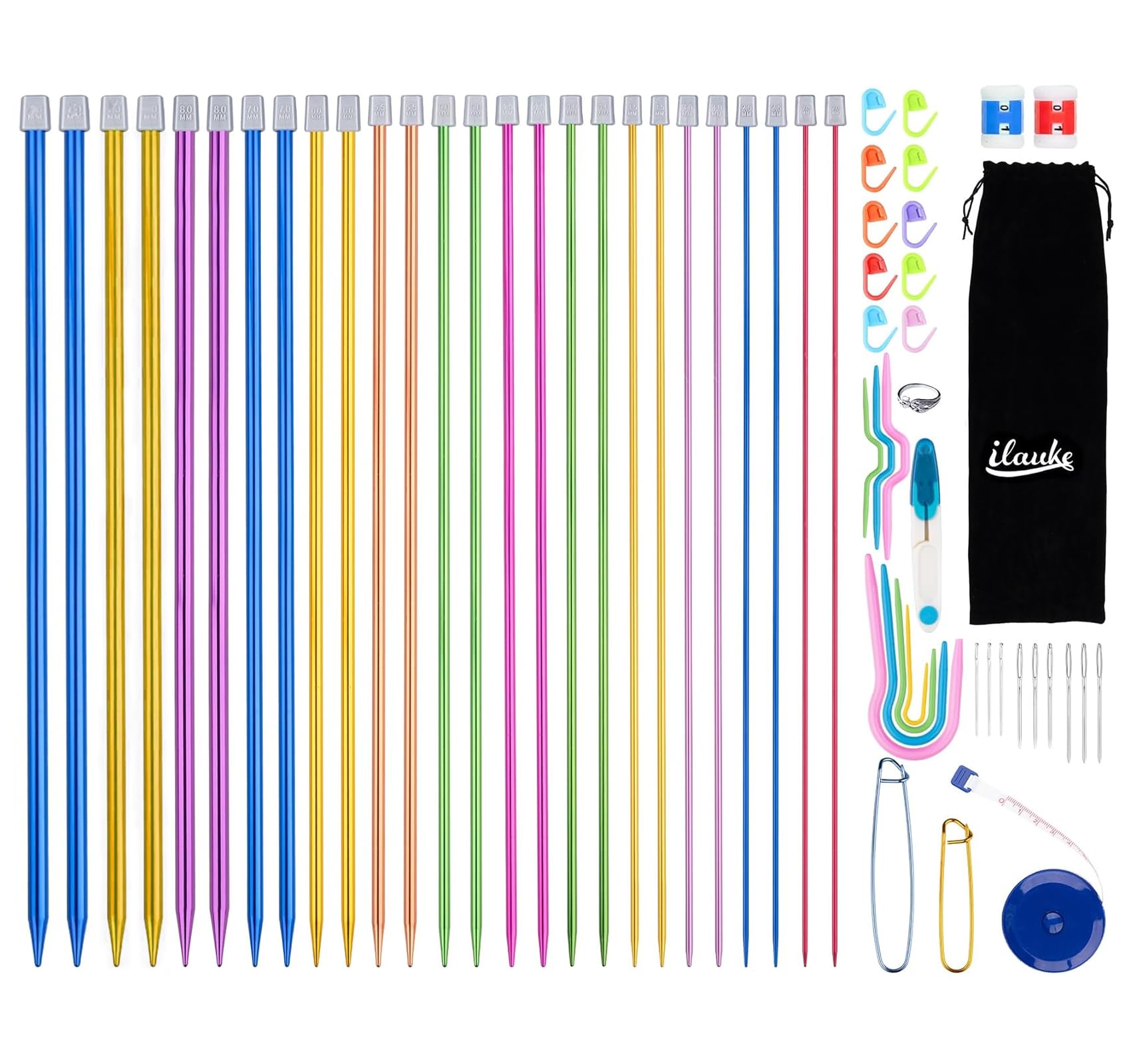 ilauke 60Pcs Knitting Needles Set, 13 Pairs Stainless Interchangeable Wool Needles for Sewing up Knitting 2mm-10mm, with Locking Stitch Makers,