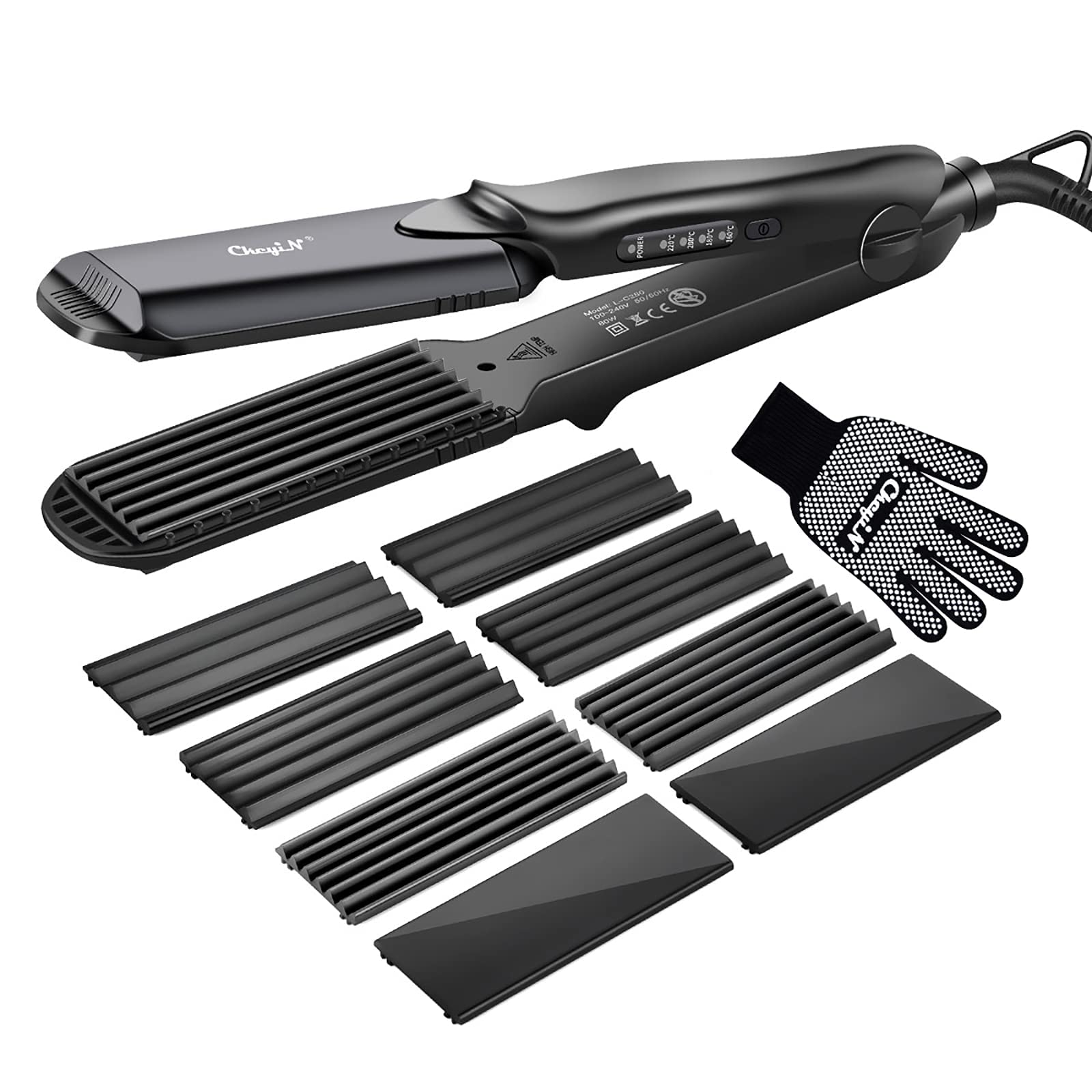 Hair Crimper, CkeyiN Professional Crimping Iron and Straighter with Heat Resistant Glove Adjustable Temperature Dual Voltage 4 Interchangeable Ceramic