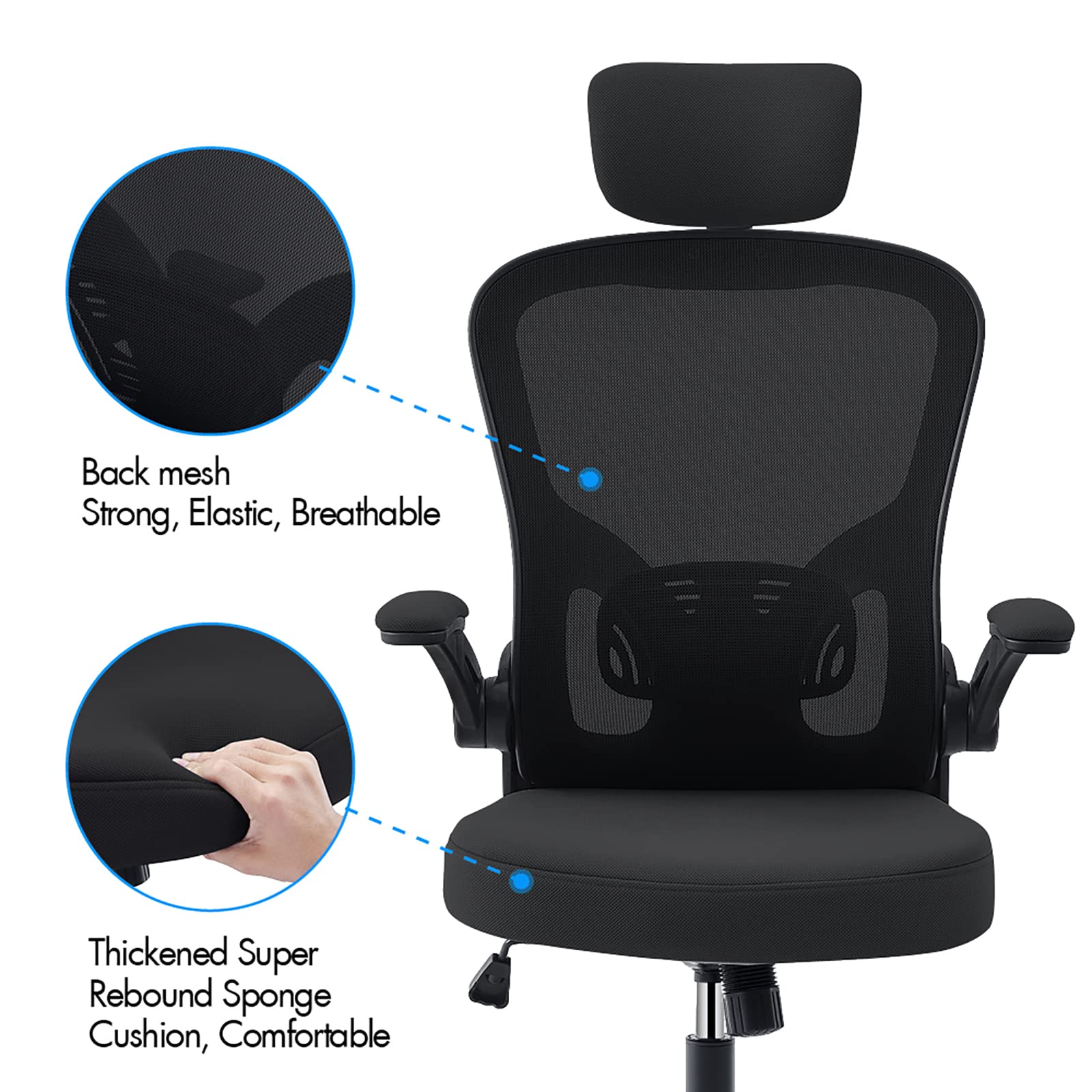 OWAY HOMELIVING Ergonomic Office Chair with Adjustable Lumbar Support & High-Back Mesh Desk Chair 150kg Weight Capacity & 125 Recline & Flip-Up