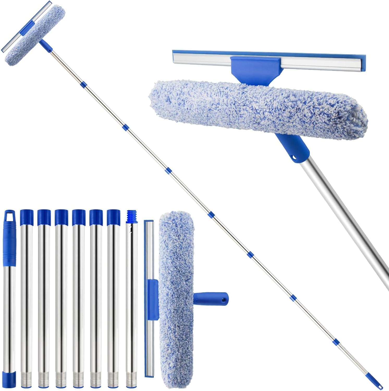 3m Window Cleaning Equipment Cleaner Tool with Long Handle, 2 in 1 Squeegee and Washer Scrubber, Window Washing Kit for Indoor Outddoor High Windows