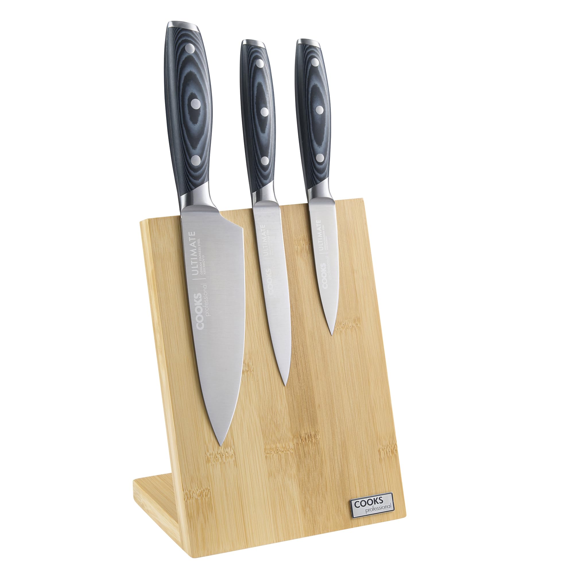 Cooks Professional Ultimate 3 Piece Knife Set with Magnetic Bamboo Knife Block & Micarta Handles | Durable Satin Finish Premium Stainless-Steel Blades