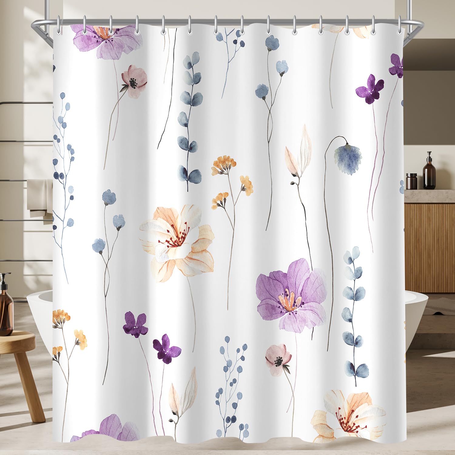 Lerores Shower Curtain, 240 x 200 cm, Purple Flower, Weighted Hem, Anti-Mould, Water-Repellent, Washable Polyester Bath Curtains with 16 Eyelets and