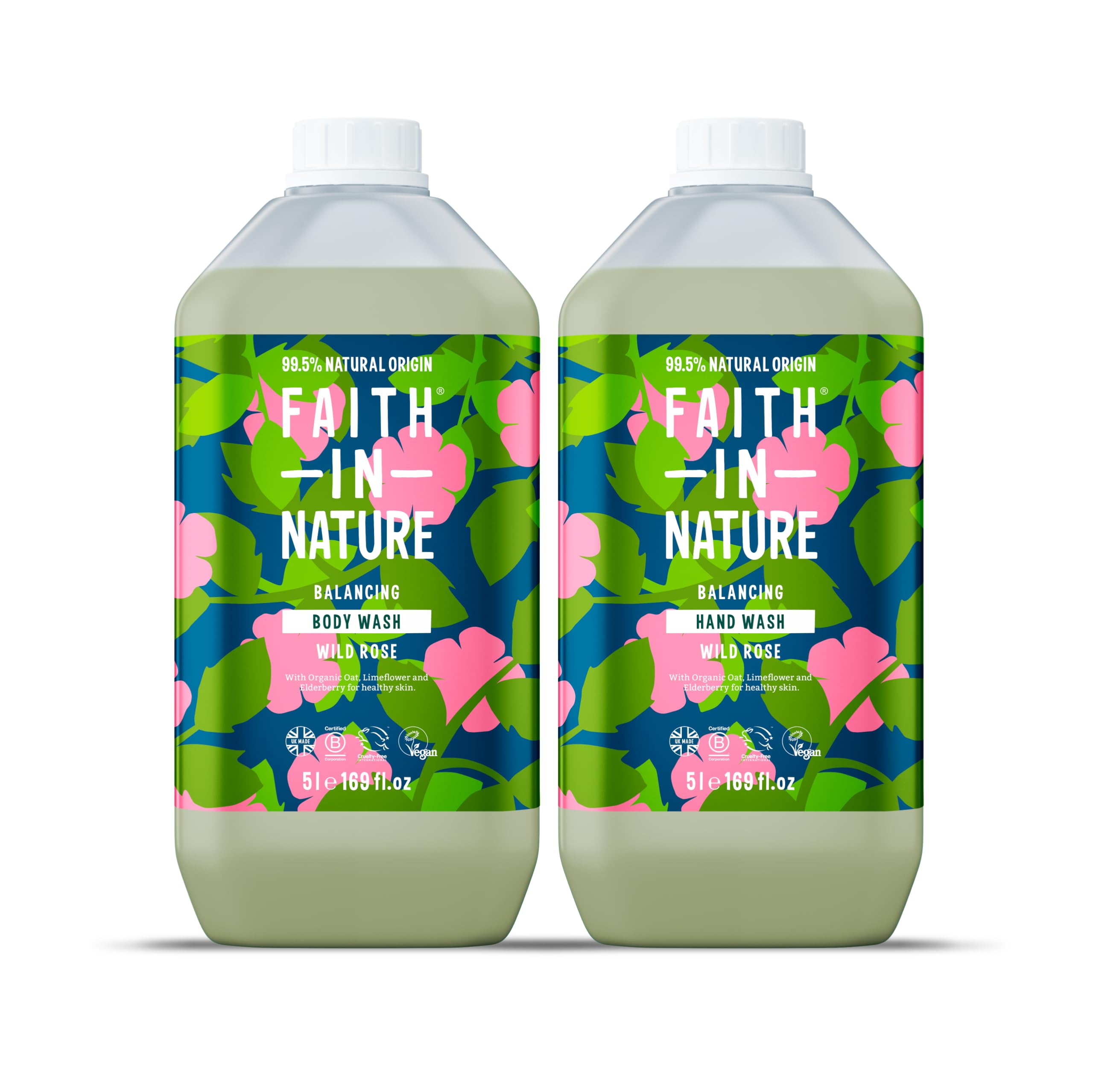 Faith In Nature Natural Wild Rose Hand Wash and Body Wash Set, Vegan & Cruelty Free, No SLS or Parabens, 2 x 5L Pack