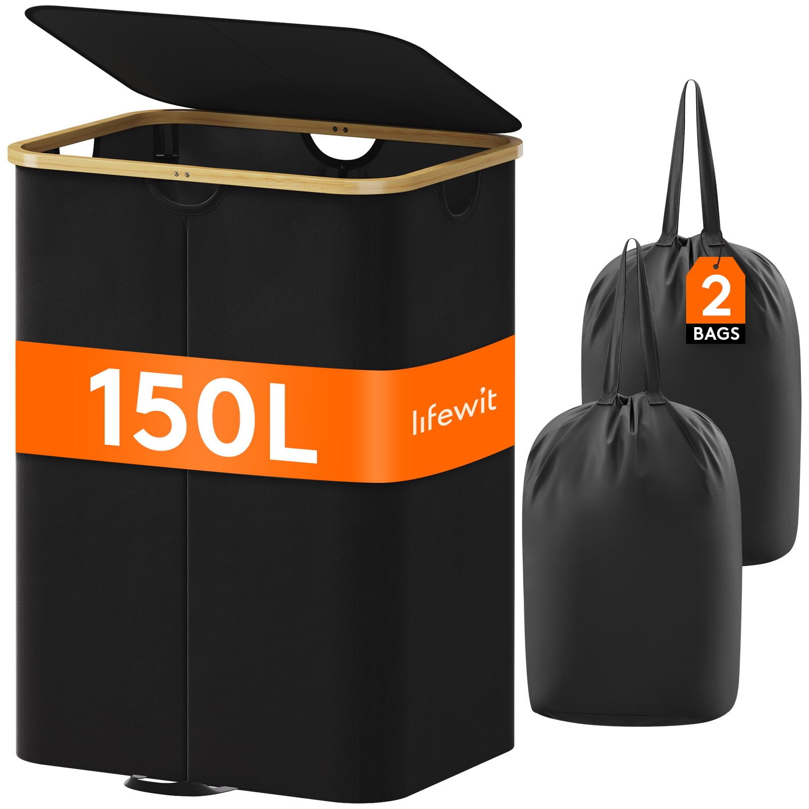 Lifewit 150L Laundry Basket with Lid, Clothes Hampers for Laundry with Bamboo Handles and Removable Laundry Bags, Large Foldable Laundry Hamper for