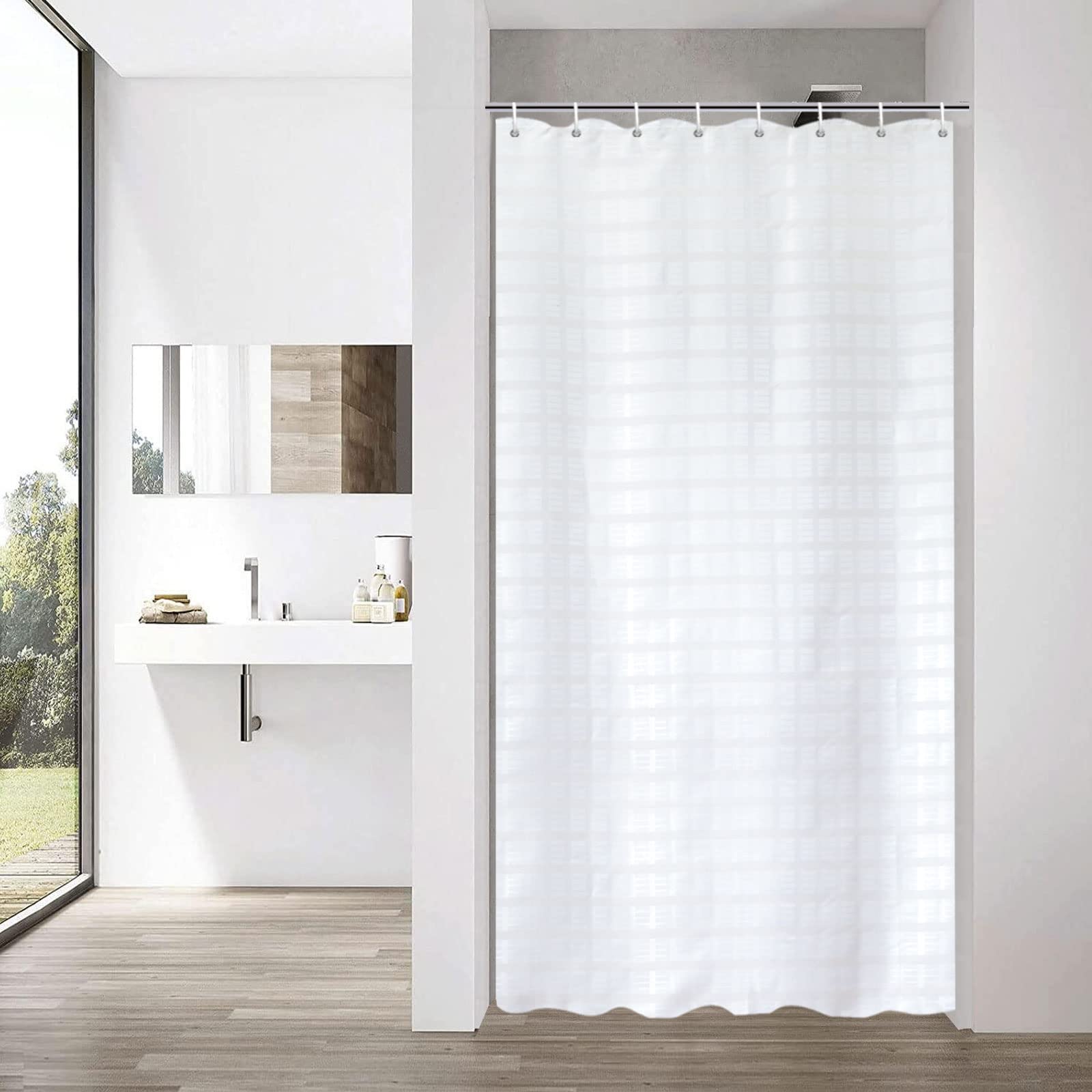 YISURE Narrow Shower Curtain, White Jacquard Shower Curtain for Bathroom Tub, Waterproof Fabric with Plastic Hooks 35" W x79 L /90x200cm