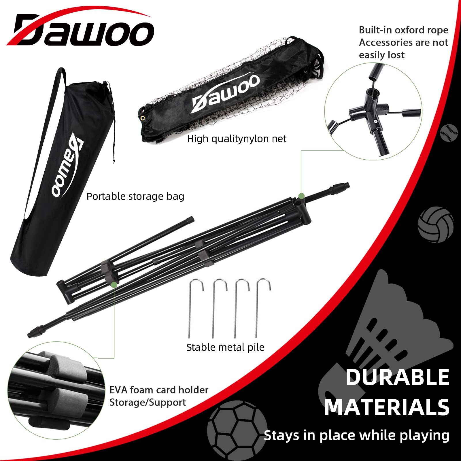 DAWOO Portable Sports Net Set - For Tennis, Soccer, Pickleball, Kids Volleyball, Badminton - Easy Setup Nylon Net with Poles (3M)