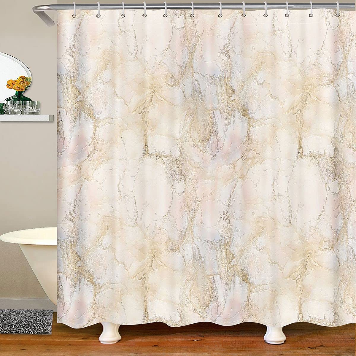 Loussiesd Marble Shower Curtain Pink Peach Marble Bath Curtain Decor Chic Crack Beige Peach Waterproof Polyester Bathroom Curtains with 12 Hooks 72x94