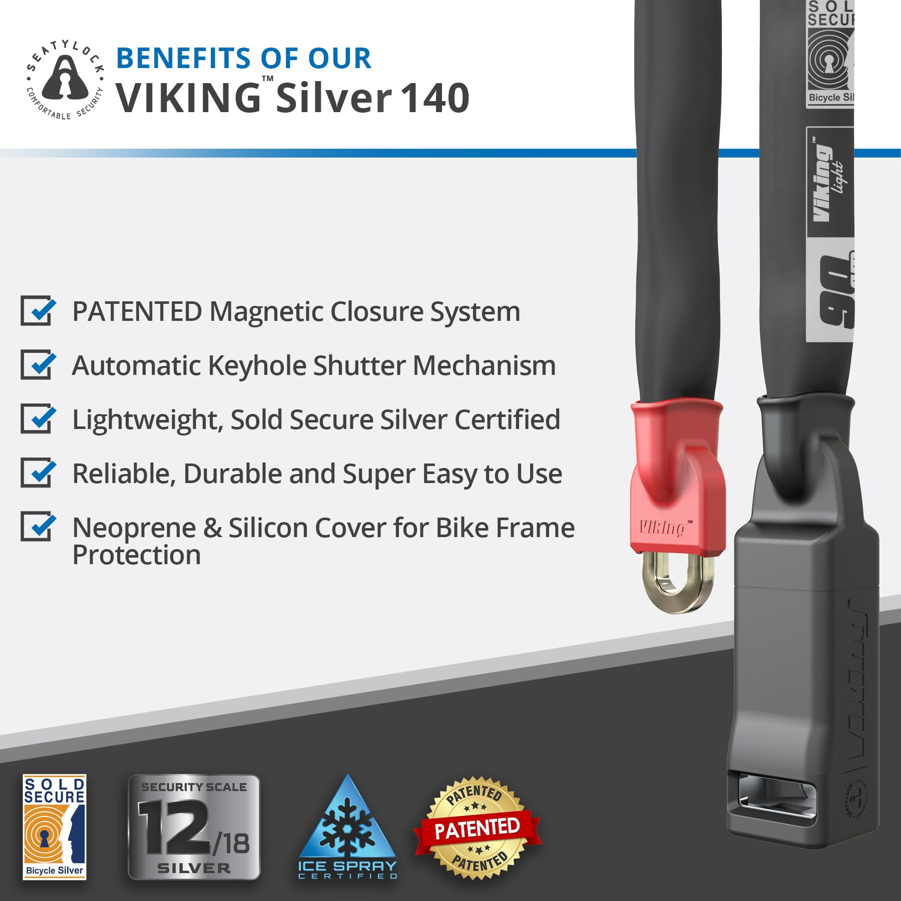 Seatylock Viking Bike Chain Lock with Key - Magnetic Patented Sold Secure Silver Rated - Heavy Duty Anti Theft - Smart Ultra Security Bicycle Lock
