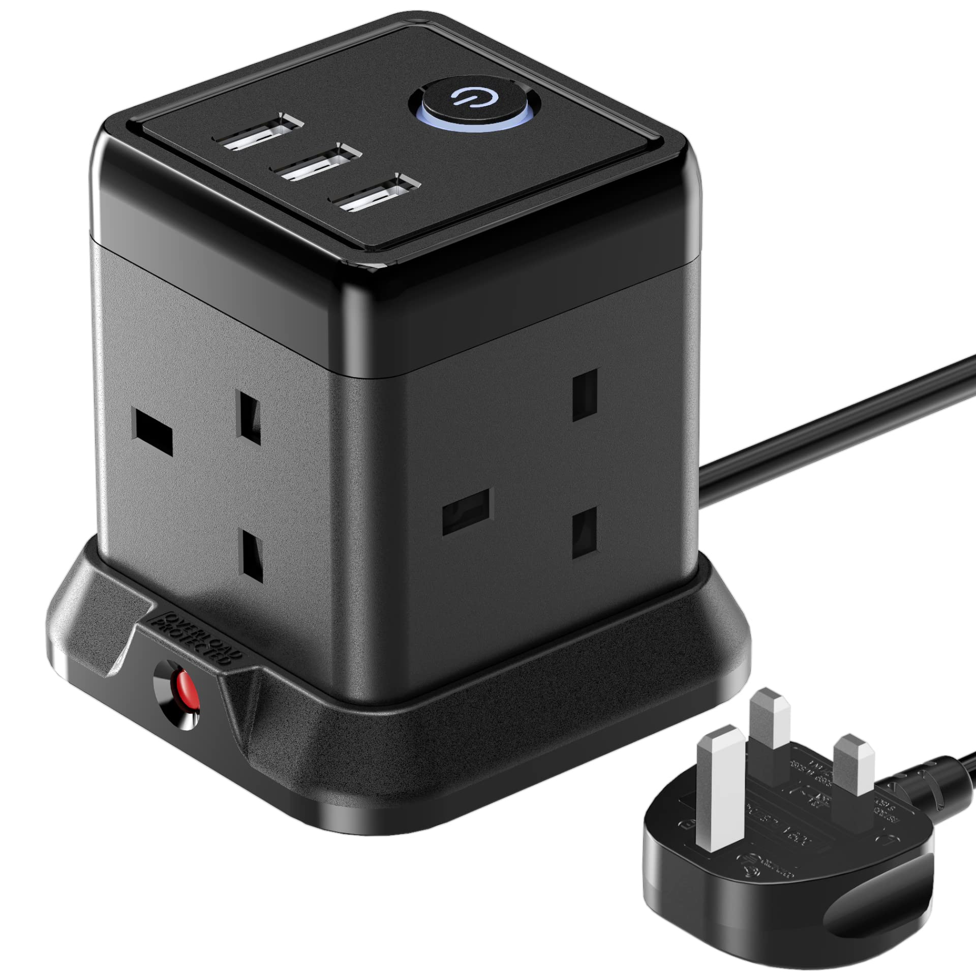 Hulker 3M Cube Extension Lead with 3 Slots 4 Gang Plug Socket with Switch 4 Way Power Strip with 3 USB Port 3 Metre Extension Cable Black 13A 3250W