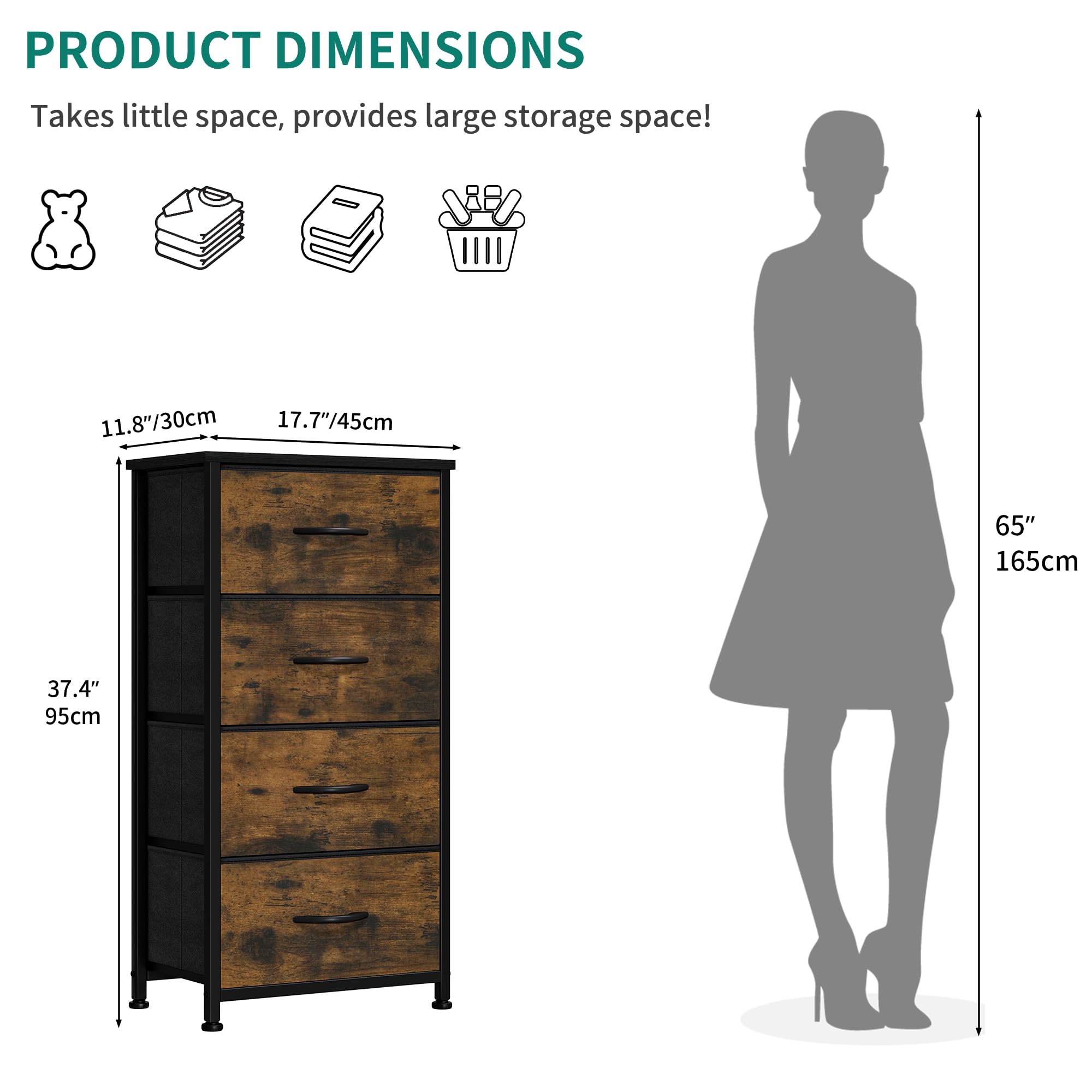 YITAHOME Chest of Drawer with 4 Drawers for Bedroom Fabric Dresser Storage Drawers With Handles Metal Frame for Living Room, Hallway,Rustic Brown
