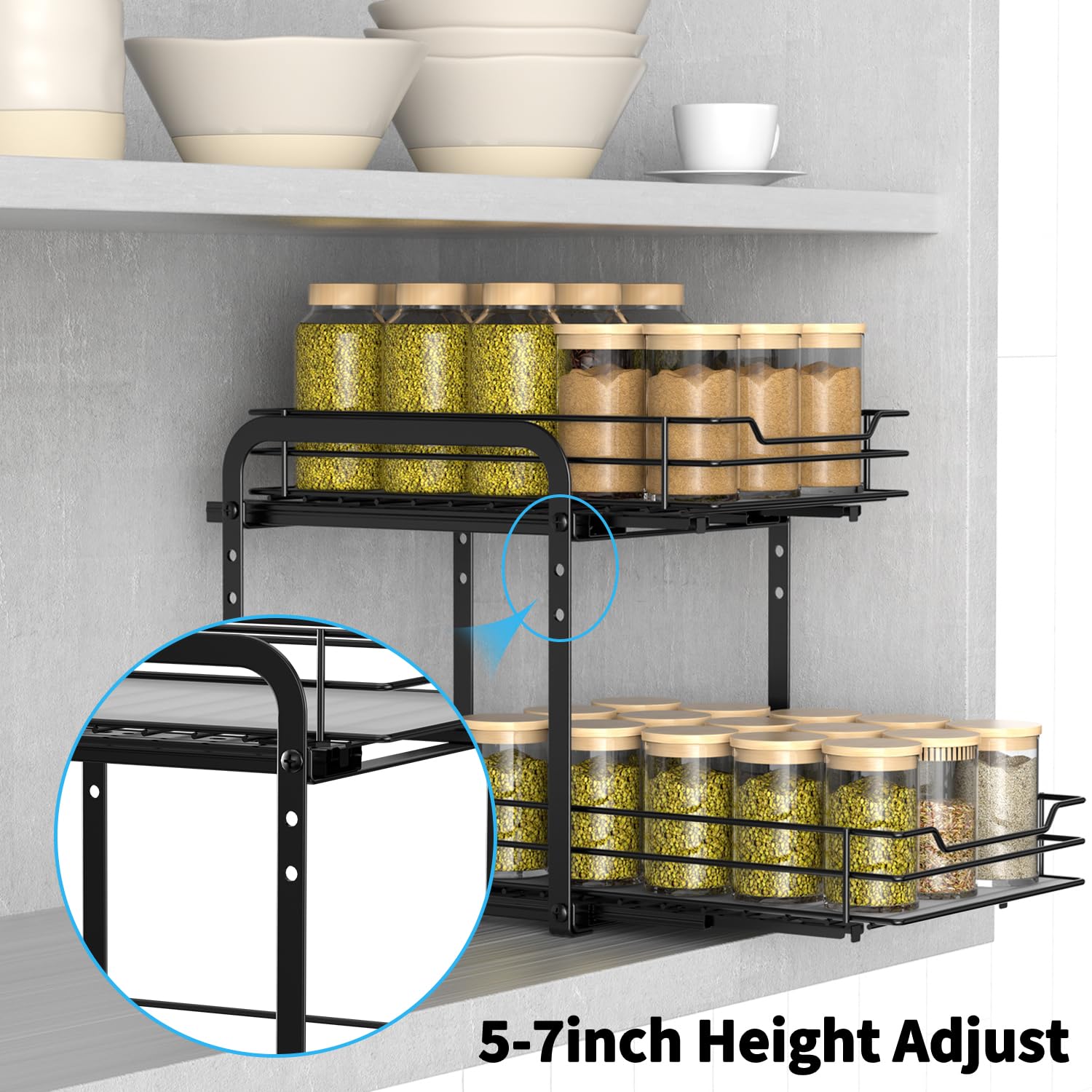 AIRUJIA Pull Out Cabinet Organizer Spice Racks, 2-Tier Spice Rack Height Adjustable, Cupboard Spice Rack, Kitchen Storage Shelf for Inside Cupboard,