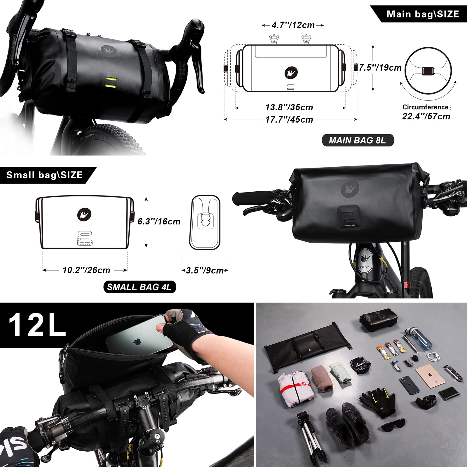 Rhinowalk 2PC Bike Handlebar Set - Waterproof Bicycle Front Tube Bag, Large Capacity Storage, Shoulder Bag
