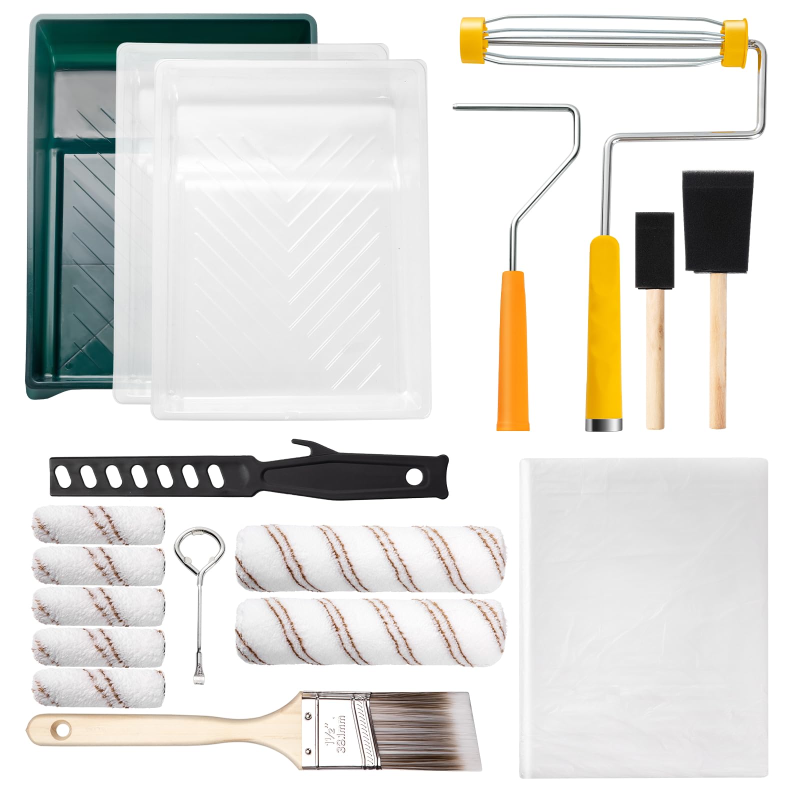 Mister Rui-18pcs Paint Roller Set, 9" 4" Paint Roller and Brush Set, Max and Mini Paint Roller Set for Wall Painting and Decorating, Roller Tray,
