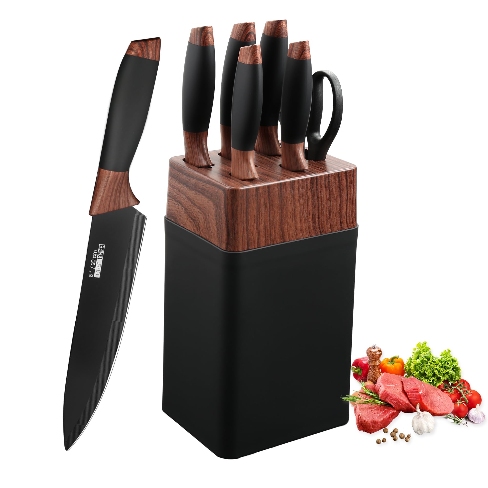 Kitchen Knife Set with Black Nonstick Coating, 7 Pieces Knife Set with Block, Ergonomic Sharp Knives for Kitchen and Dishwasher Safe