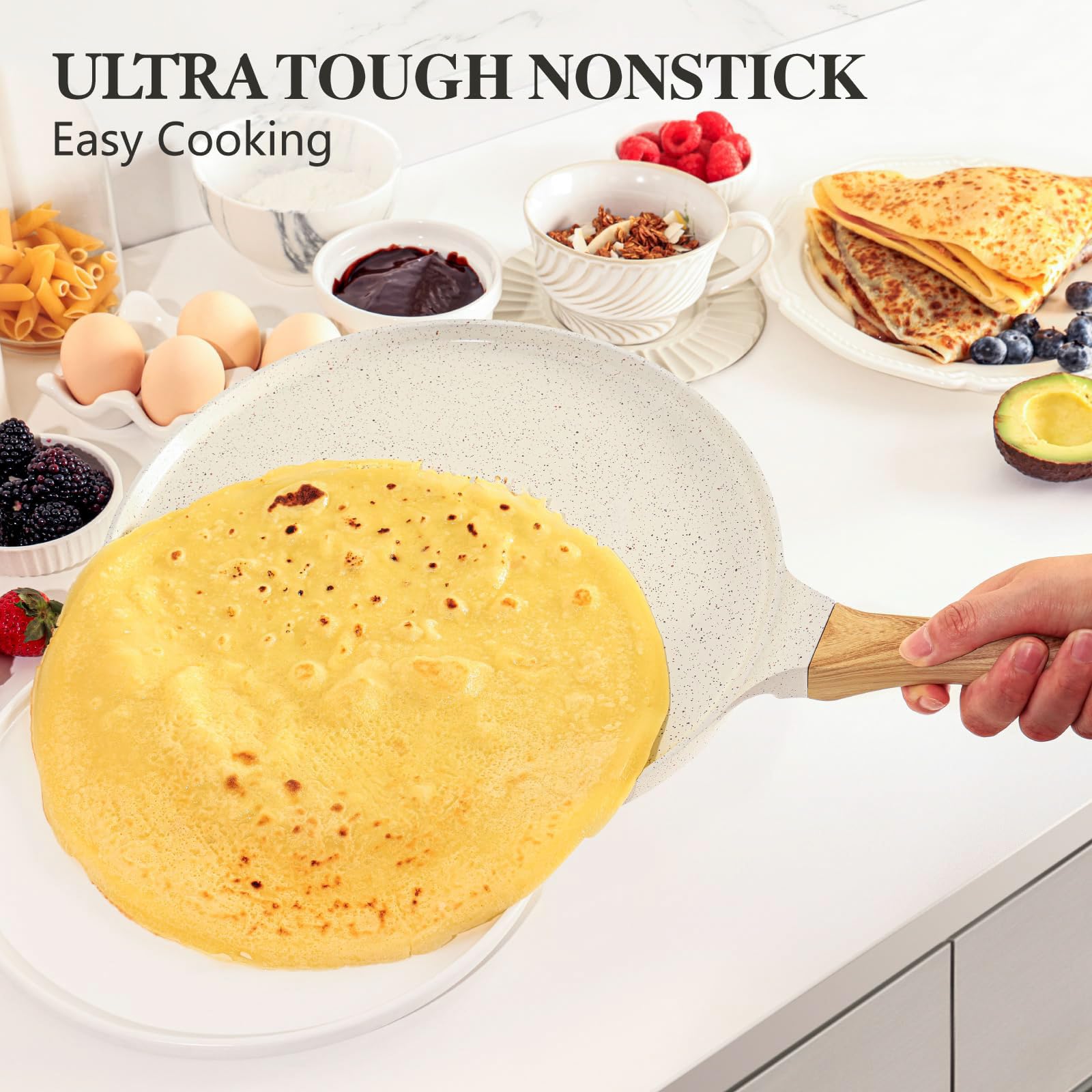SENSARTE Nonstick Pancake Pan with Spreader, 30cm Natural Ceramic Coating Dosa Pan Crepe Pan Flat Skillet Tawa Griddle with Stay-Cool Handle,
