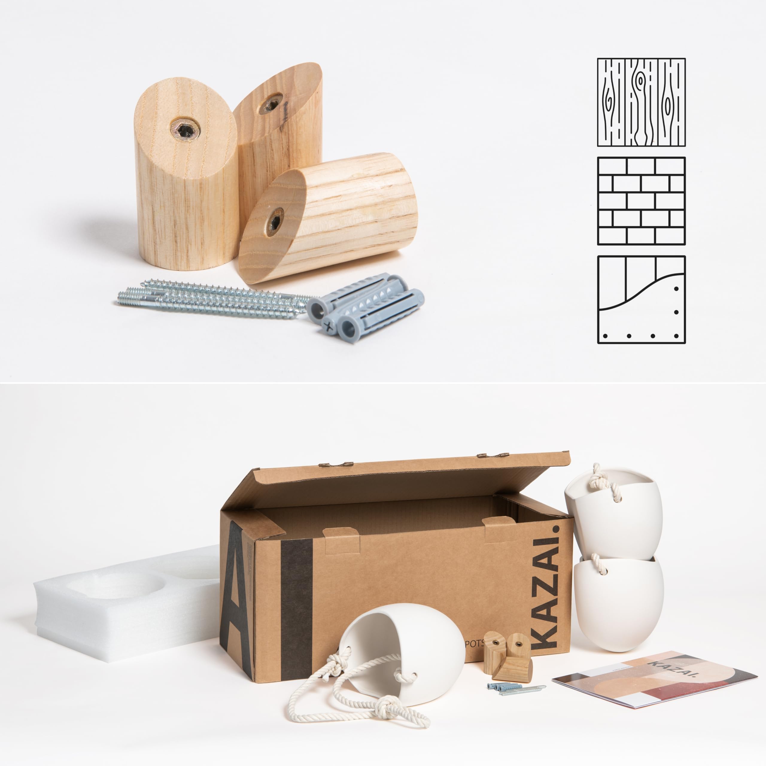 Kazai.? | Porcelain Wall Vases | 3 Piece Set | Including Wooden Hooks | Matte White