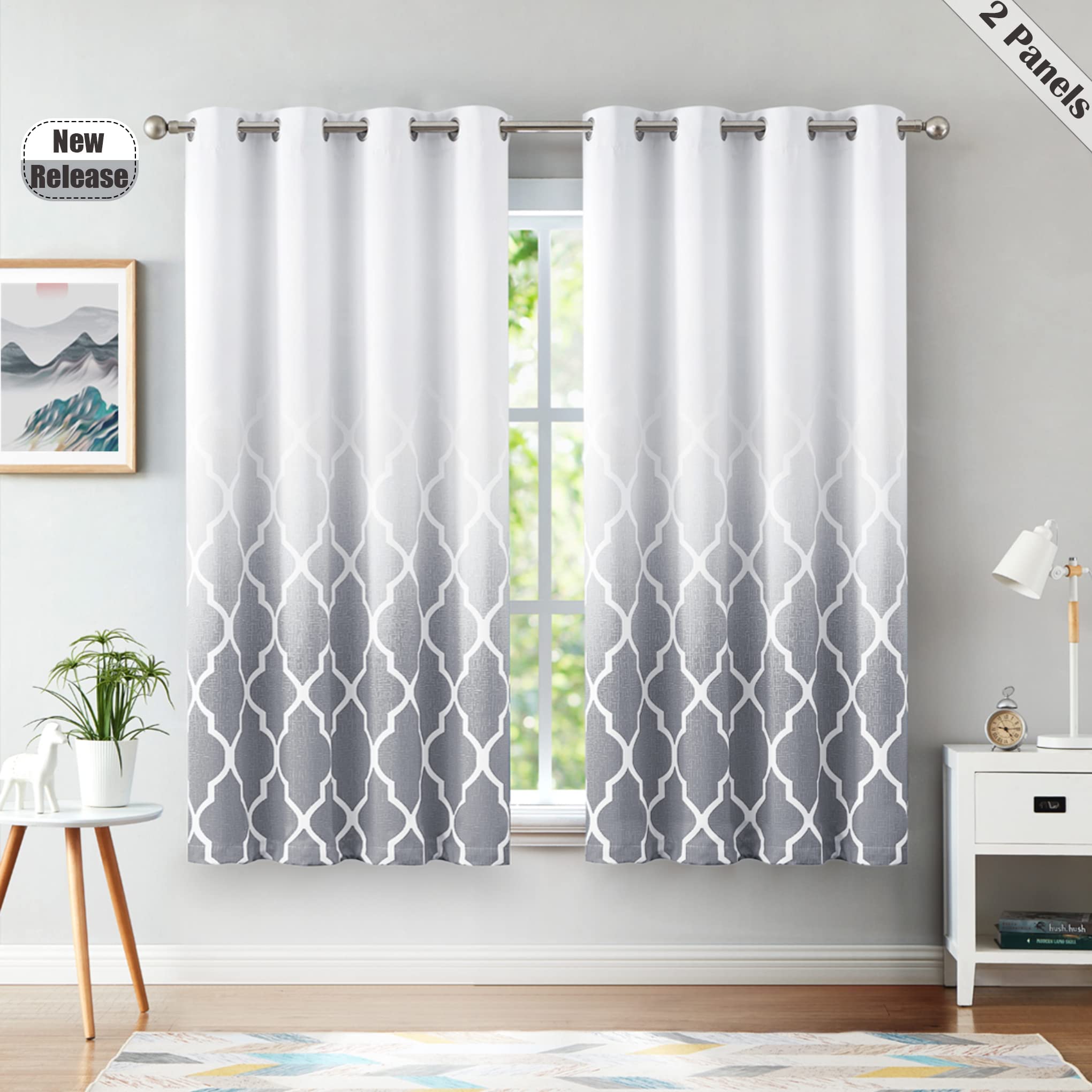 Beauoop Blackout Curtains for Bedroom Grey Ombre Curtains 72 Inch Drop Geometric Print Eyelet Curtain for Living Room Darkening Thermal Insulated