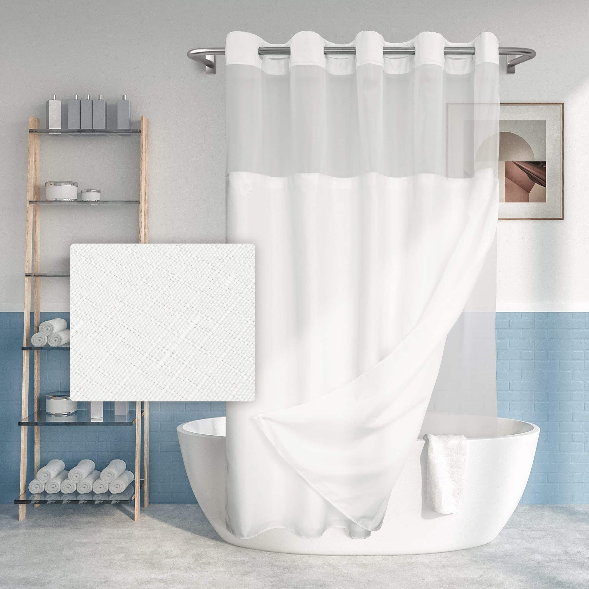 River Dream Extra Long No Hook Slub Textured Shower Curtain with Snap-in PEVA Liner Set - 71" x 98"(96"), Hotel Style with See Through Top Window,