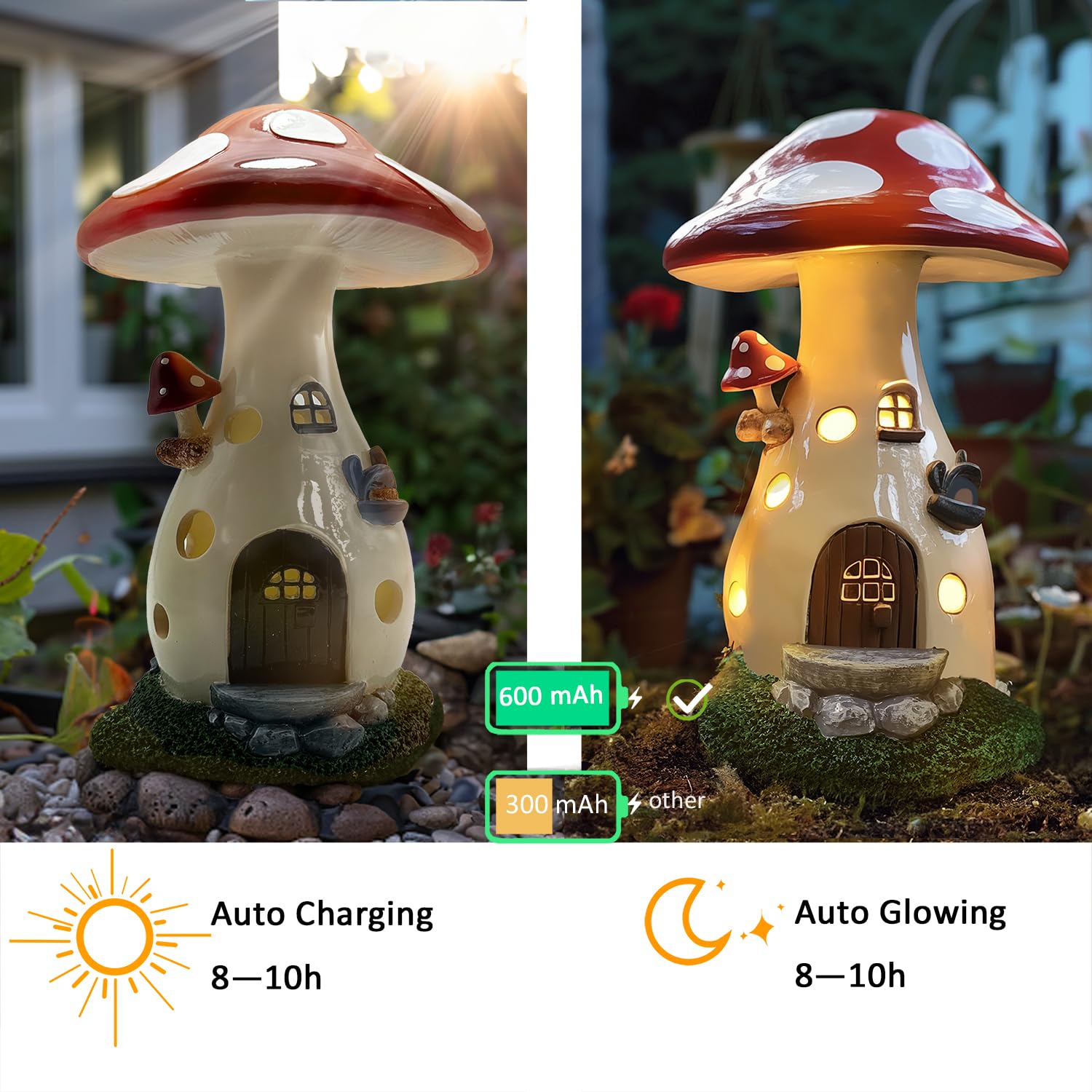 coonoe Solar Garden Statue - Fairy Garden Mushroom House Light, Solar Yard Decor, Garden Ornaments Present, Waterproof Decoration for Patio Lawn
