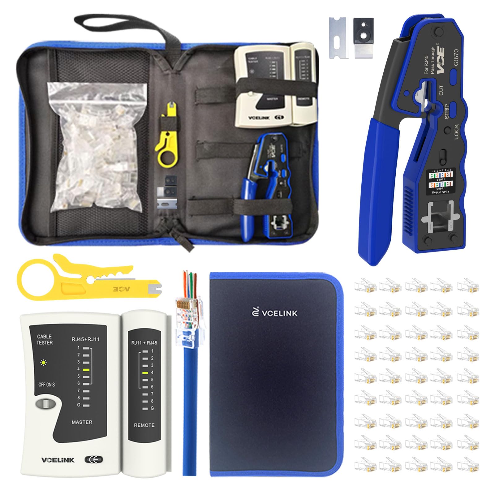 VCELINK RJ45 Crimp Tool Kit, Ethernet Crimping Tool Set with 50PCS Cat6 RJ45 Pass Through Connectors, Network Cable Tester and Wire Stripper in a