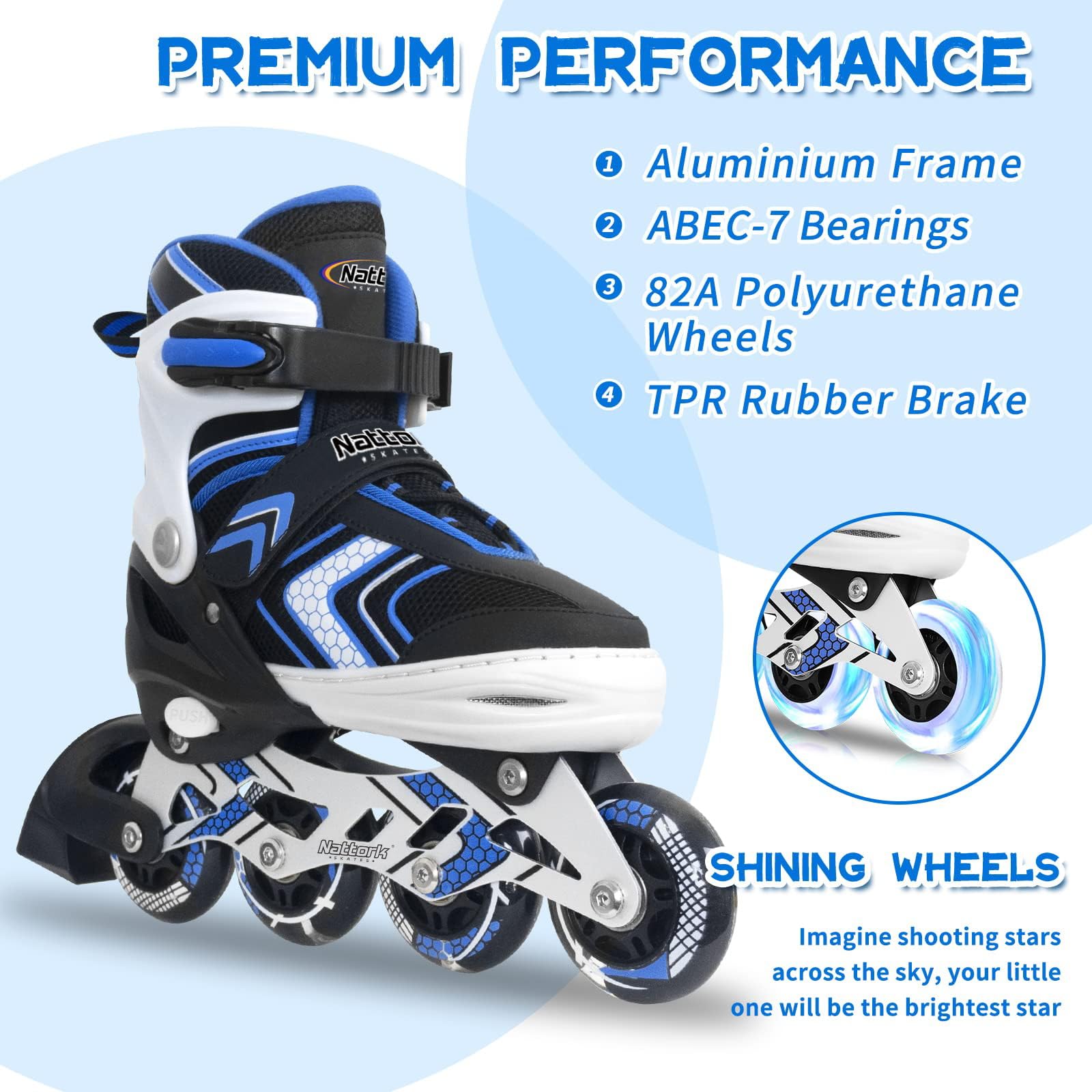 Nattork Boys Roller Skates with Full Light up Wheels, Adjustable Beginner Inline Skates for Boys Big Kids, Blue, Kids Size 1-3 1 2 3