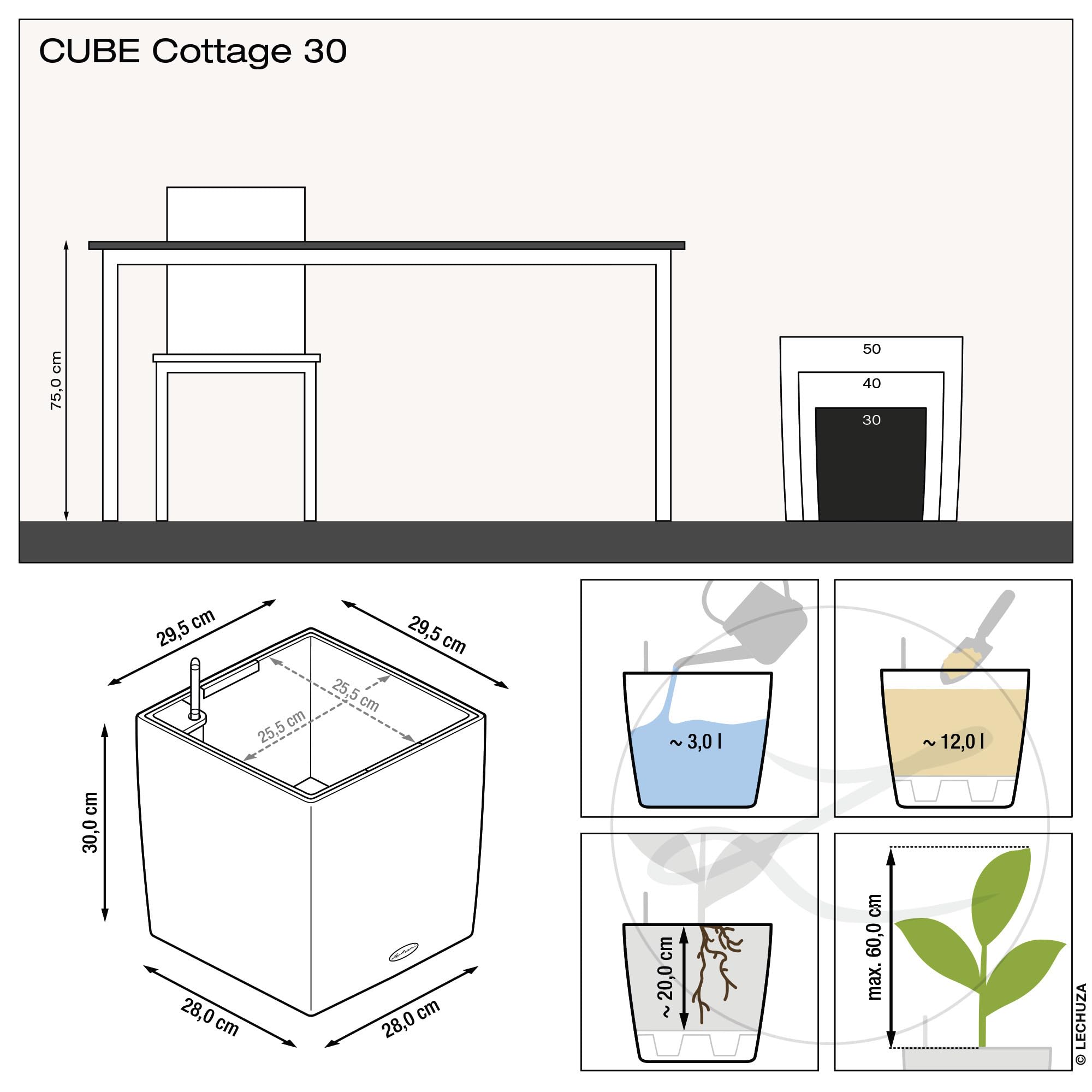 Lechuza Self Watering Plant Pots CUBE Cottage 30 Rattan Look Plastic Garden Outdoor Indoor Planter with Drainage Hole H30 L30 W30 cm Granite