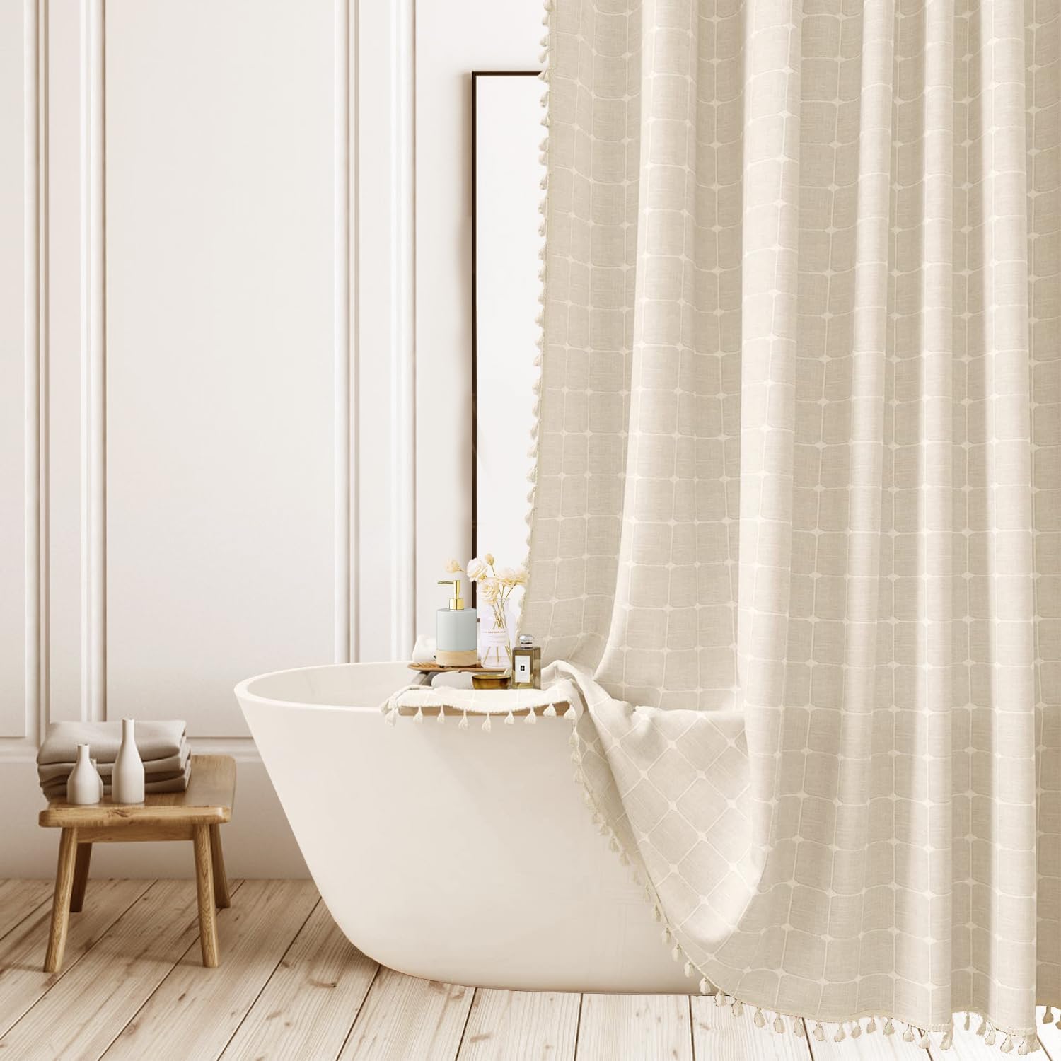 ggaimwf Boho Extra Long Shower Curtain Farmhouse Checkered Polyester Linen Fabric Shower Curtains for Bathroom Rustic Shabby Chic Neutral Bathroom