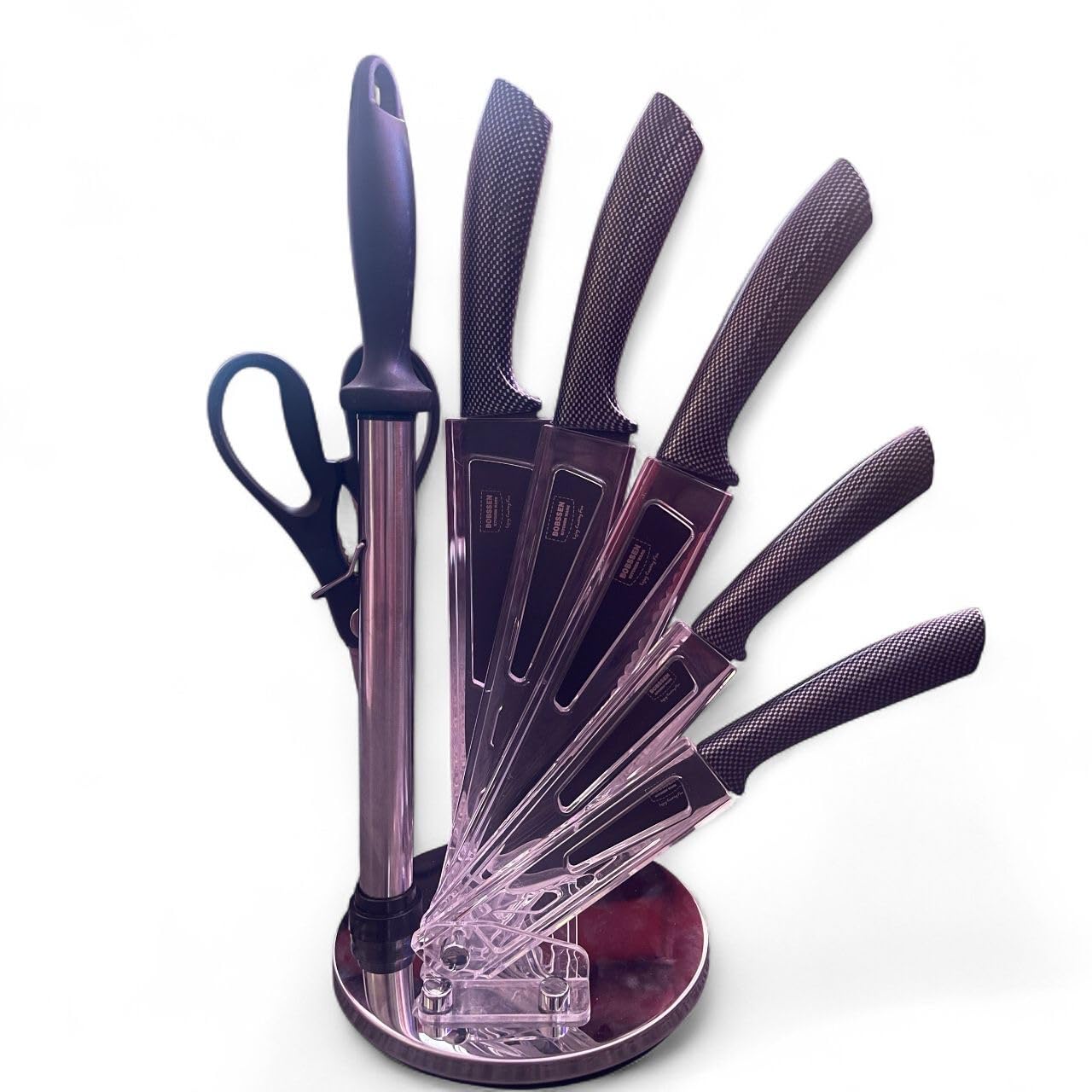 BOBSSEN Kitchen ware,Professional Kitchen Knife Set with 360 Stand, 8 Pieces, Stainless Steel Blades