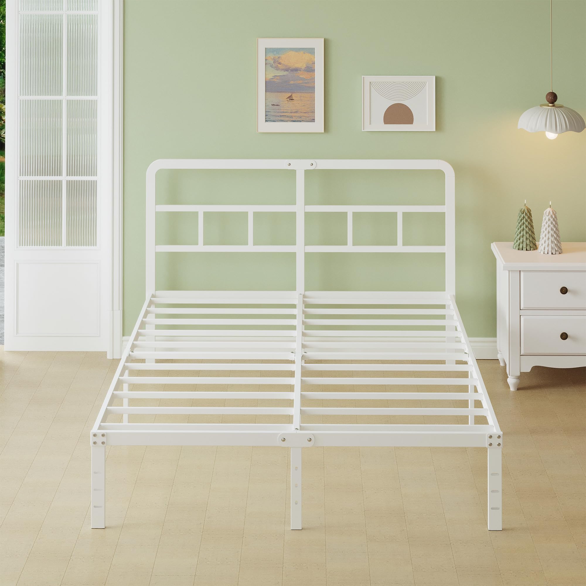 Lutown-Teen Metal Double Bed Frame 160cm x 190cm with Curved Headboard, 36 cm High King Size White Bed Frame 160x190 with Steel Slats, Storage Space
