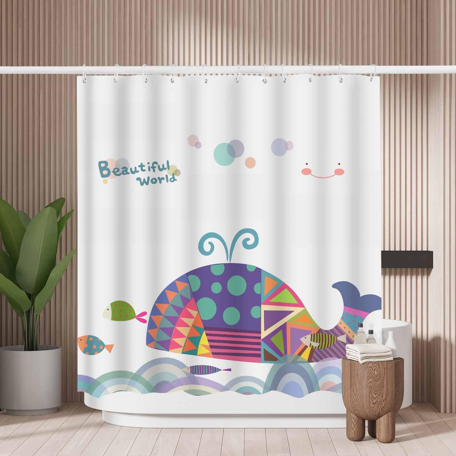 Woutay Shower Curtain Mould Proof Resistant Hand Draw Whale,Water Repellant Fabric,Polyester,with 12 Plastic Hooks