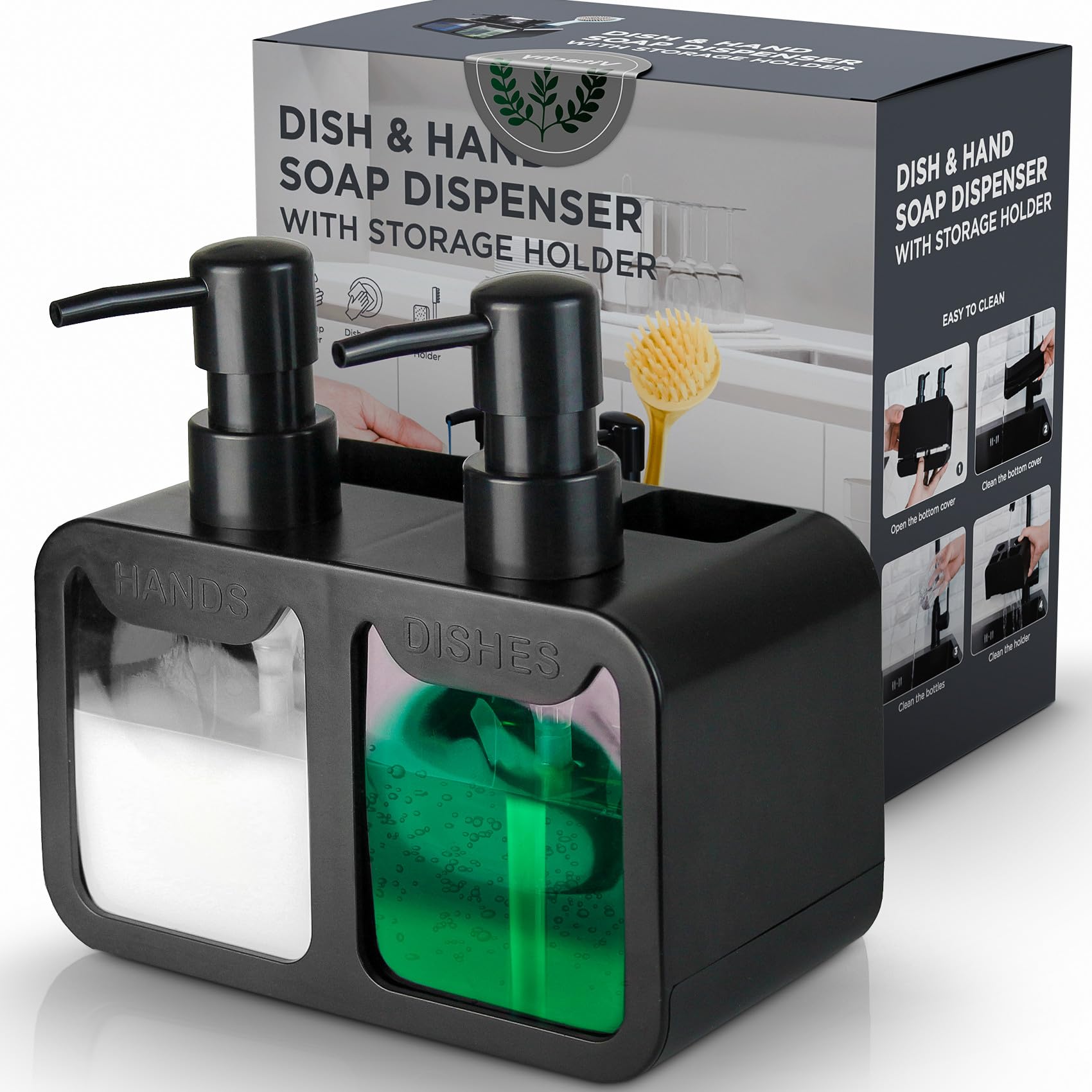 VITACHY Double Soap Dispenser for Kitchen. Dishwashing Soap Pump Dispenser and Hand Dispenser Sink Organizer Sponge Holder Black Kitchen and Bathroom