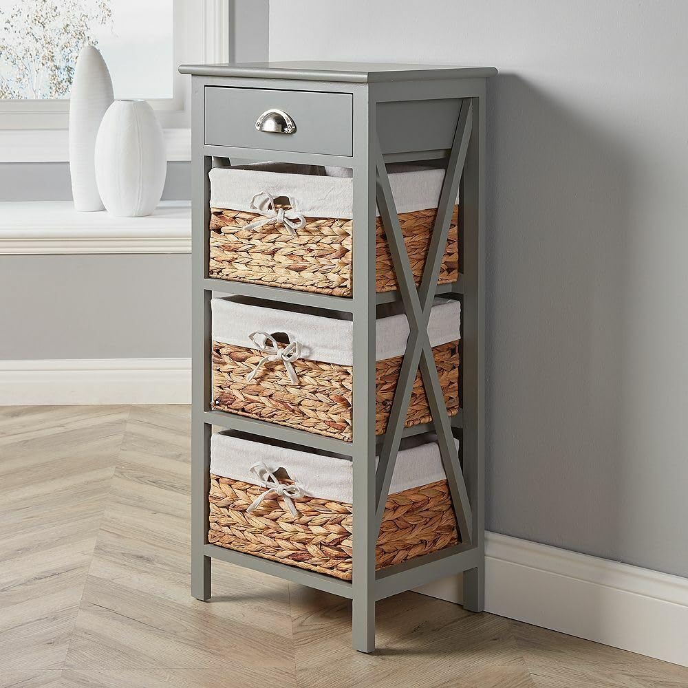 Home Source Bedside Table Storage Cabinet, Wooden Slim Chest with Water Hyacinth Basket Organiser, Grey, 3 Drawer
