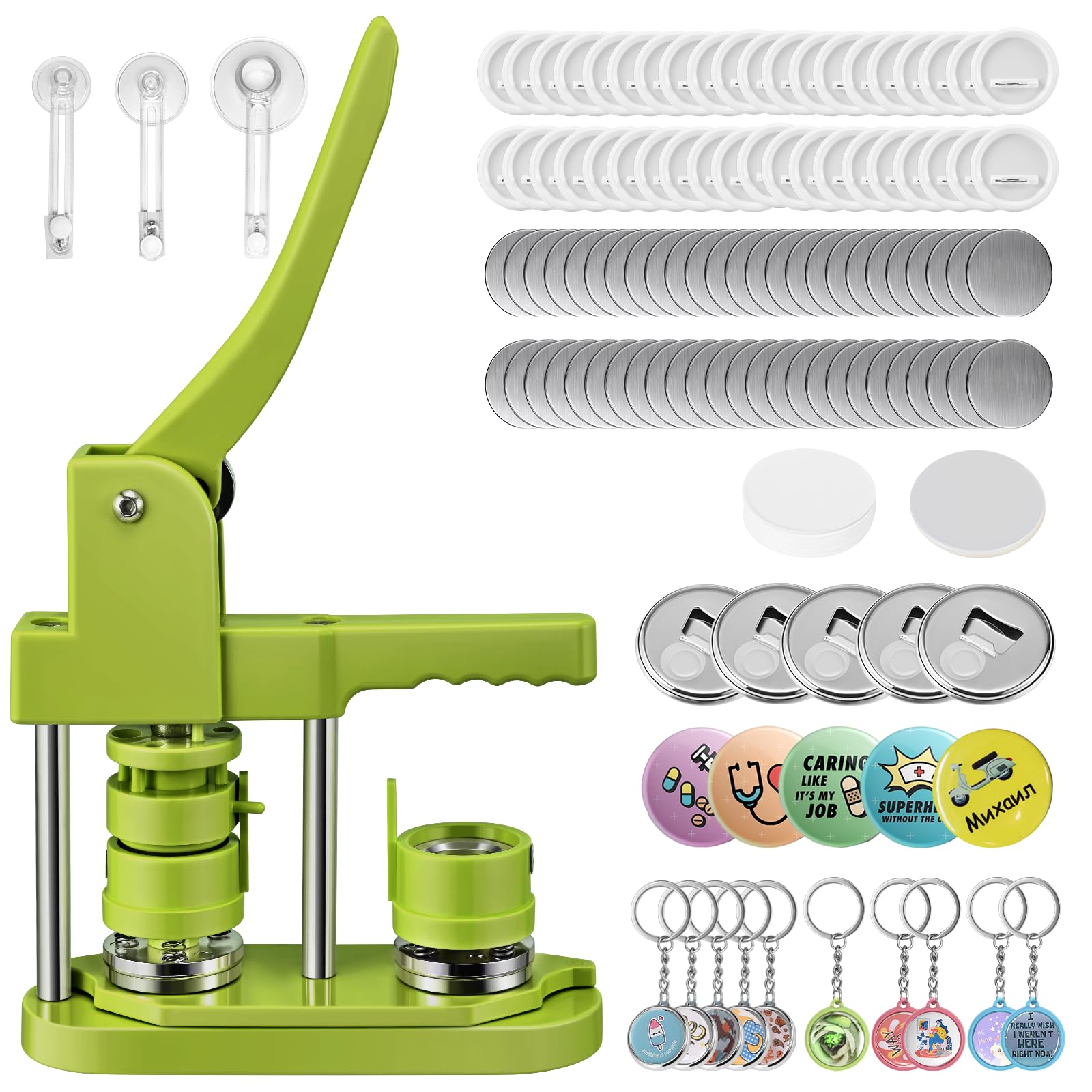 Badge Maker Button Machine Multiple Sizes DIY Pin Maker Badge Press Machine with 10 Bottle Opener, 10 Key Chain Suits, Molds & Round Paper Cutter
