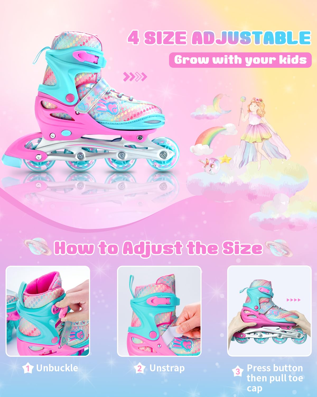 Sportneer Inline Skates for Children 30-41 Adjustable Inline Skates with 6 Protectors Set for Children Girls Women 8 LED Inline Skates Children