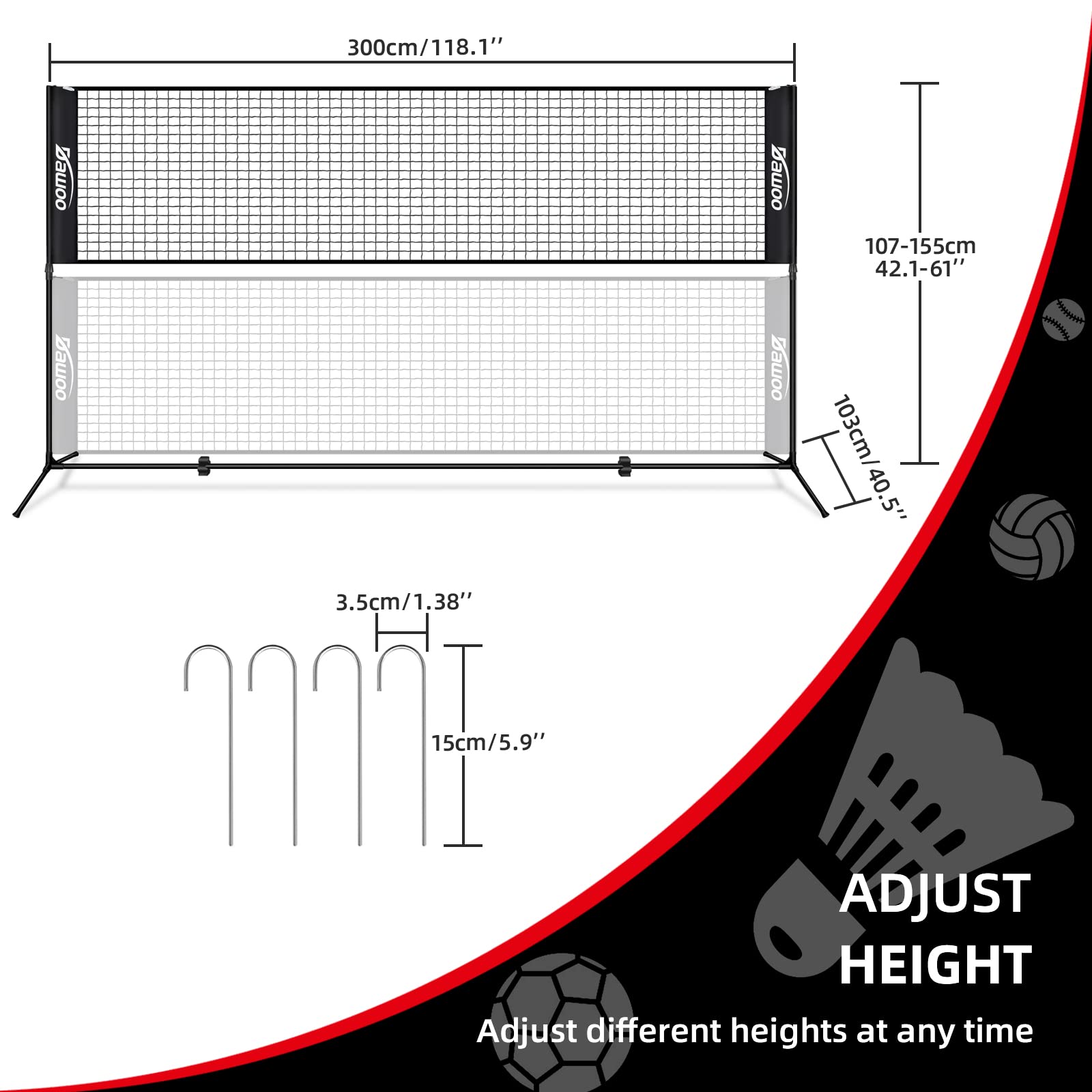 DAWOO Portable Sports Net Set - For Tennis, Soccer, Pickleball, Kids Volleyball, Badminton - Easy Setup Nylon Net with Poles (3M)